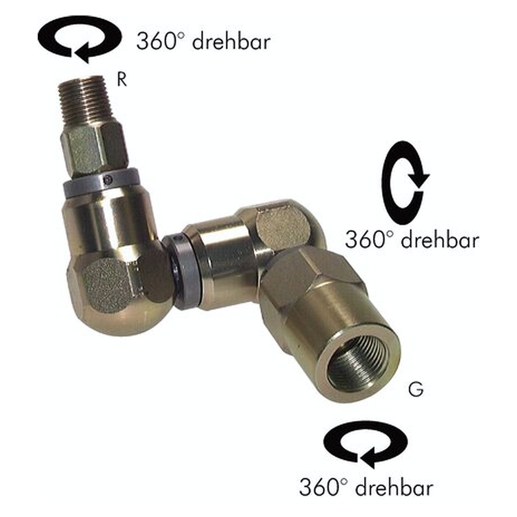 Swivel fitting with three axes, male stud thread NPT 3/8" to receiving thread NPT 1/2", PTFE