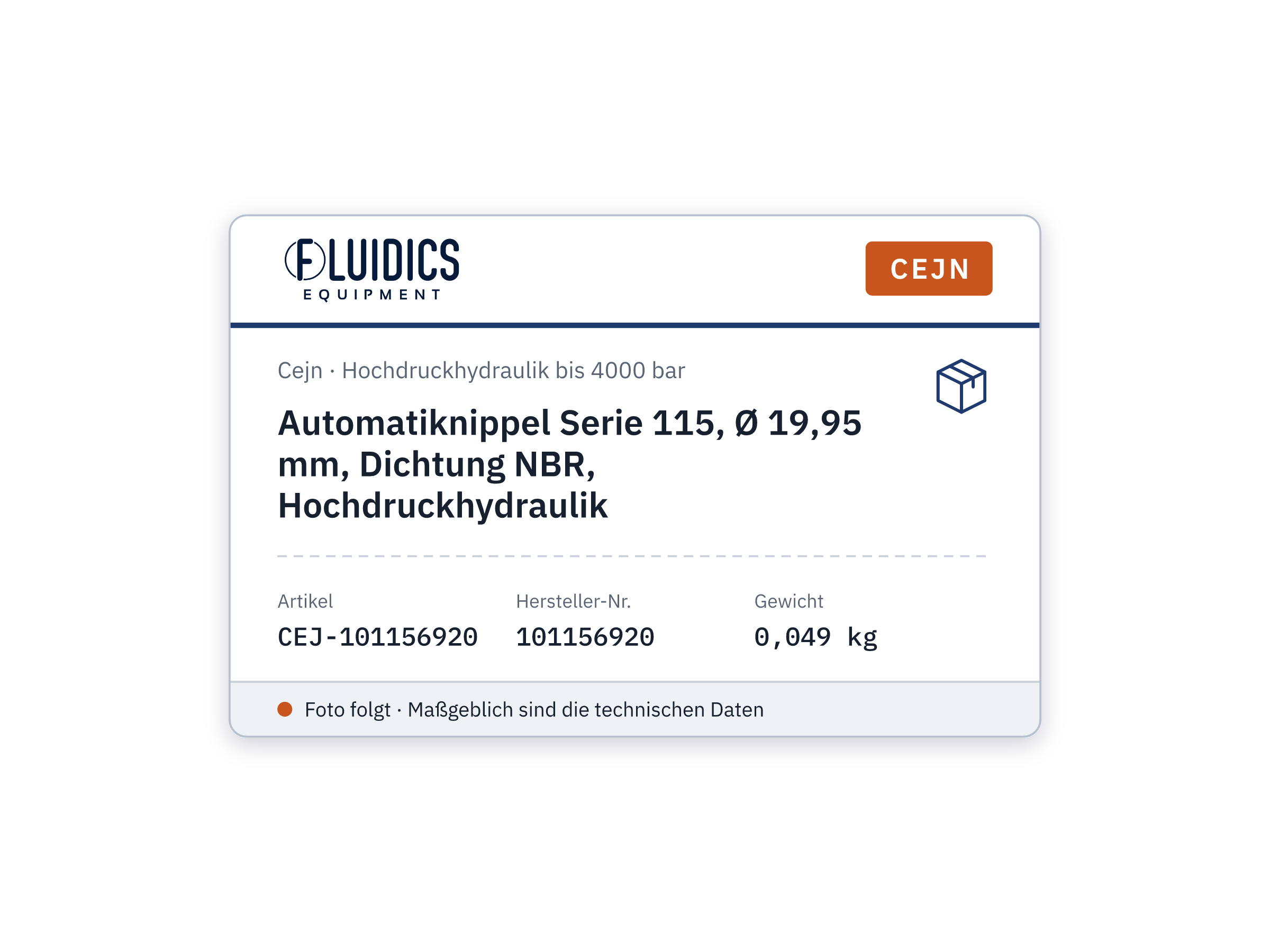 Automatiknippel Serie 115, Ø 19,95 mm, Dichtung NBR, Hochdruckhydraulik - Cejn 101156920