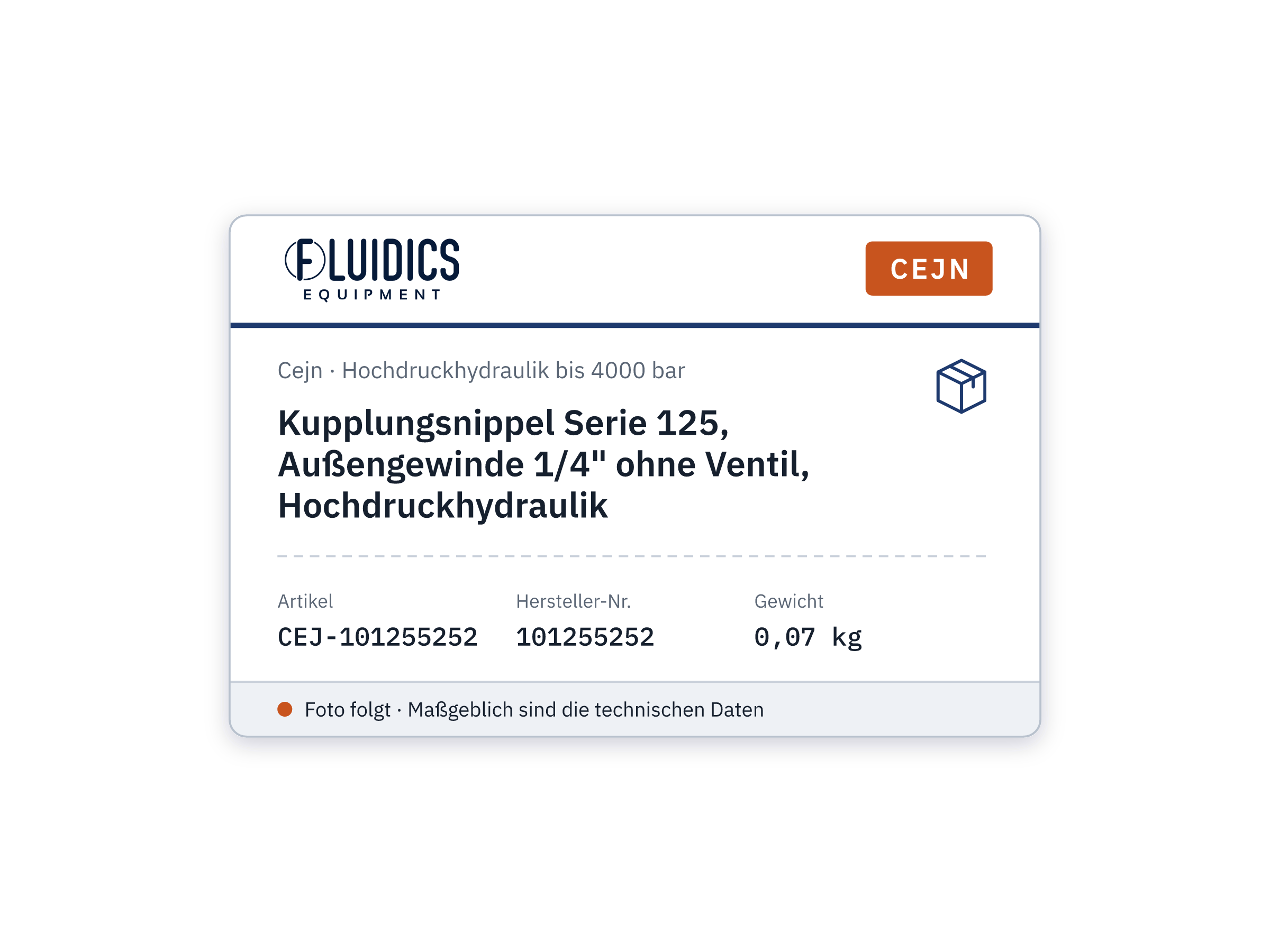 Kupplungsnippel Serie 125, Außengewinde 1/4" ohne Ventil, Hochdruckhydraulik - Cejn 101255252