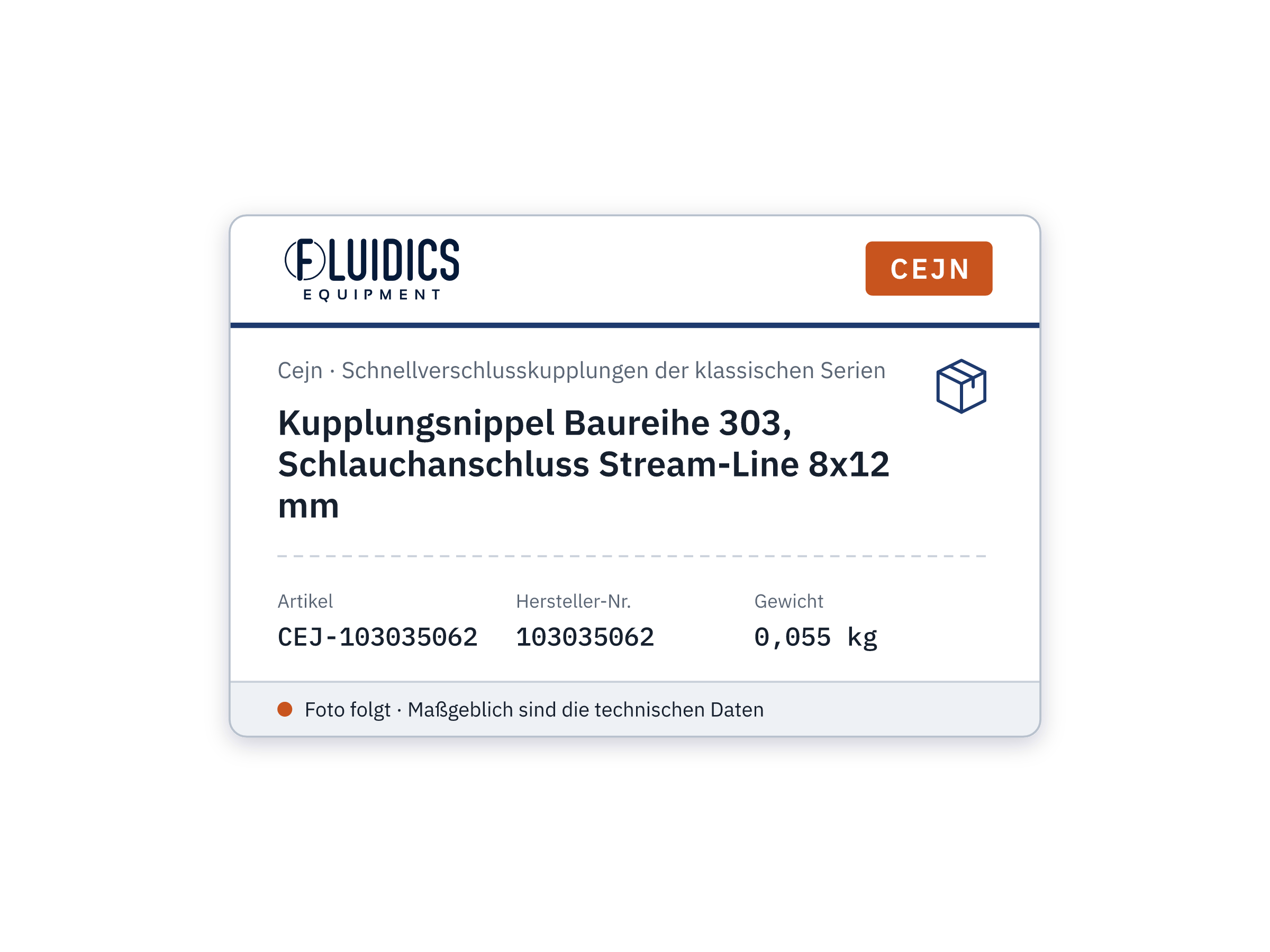 Kupplungsnippel Baureihe 303, Schlauchanschluss Stream-Line 8x12 mm - Cejn 103035062