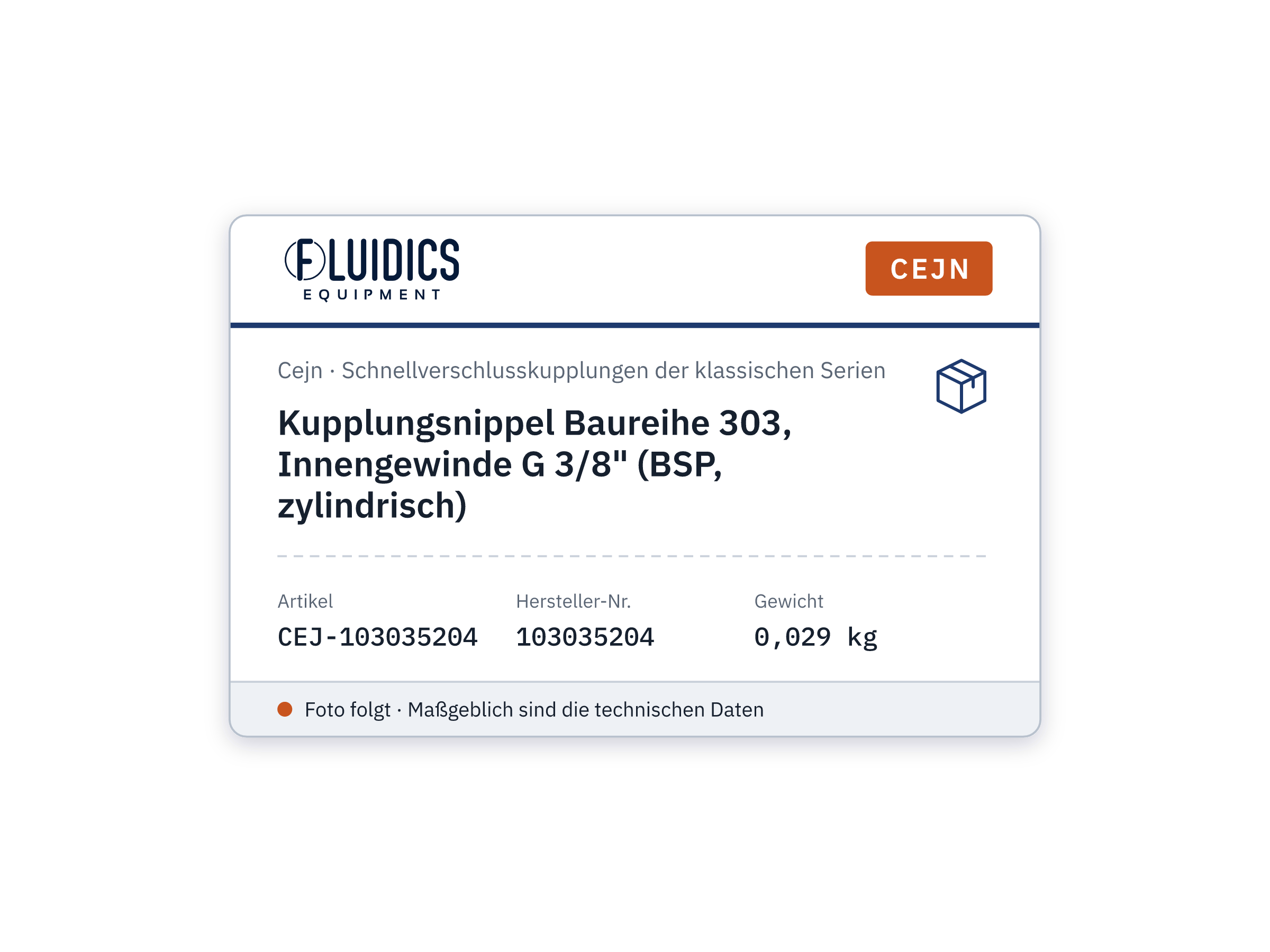 Kupplungsnippel Baureihe 303, Innengewinde G 3/8" (BSP, zylindrisch) - Cejn 103035204