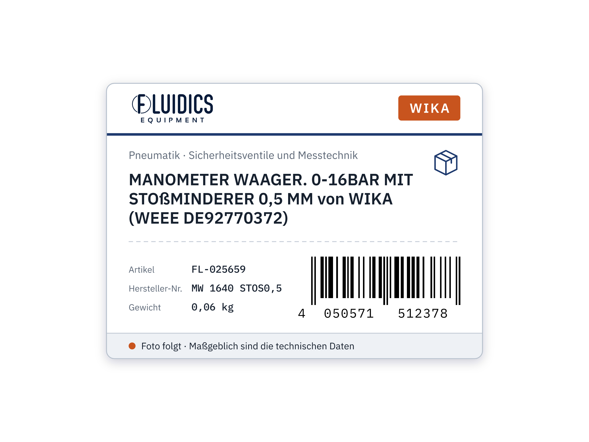 MANOMETER WAAGER. 0-16BAR MIT STOßMINDERER 0,5 MM von WIKA (WEEE DE92770372)