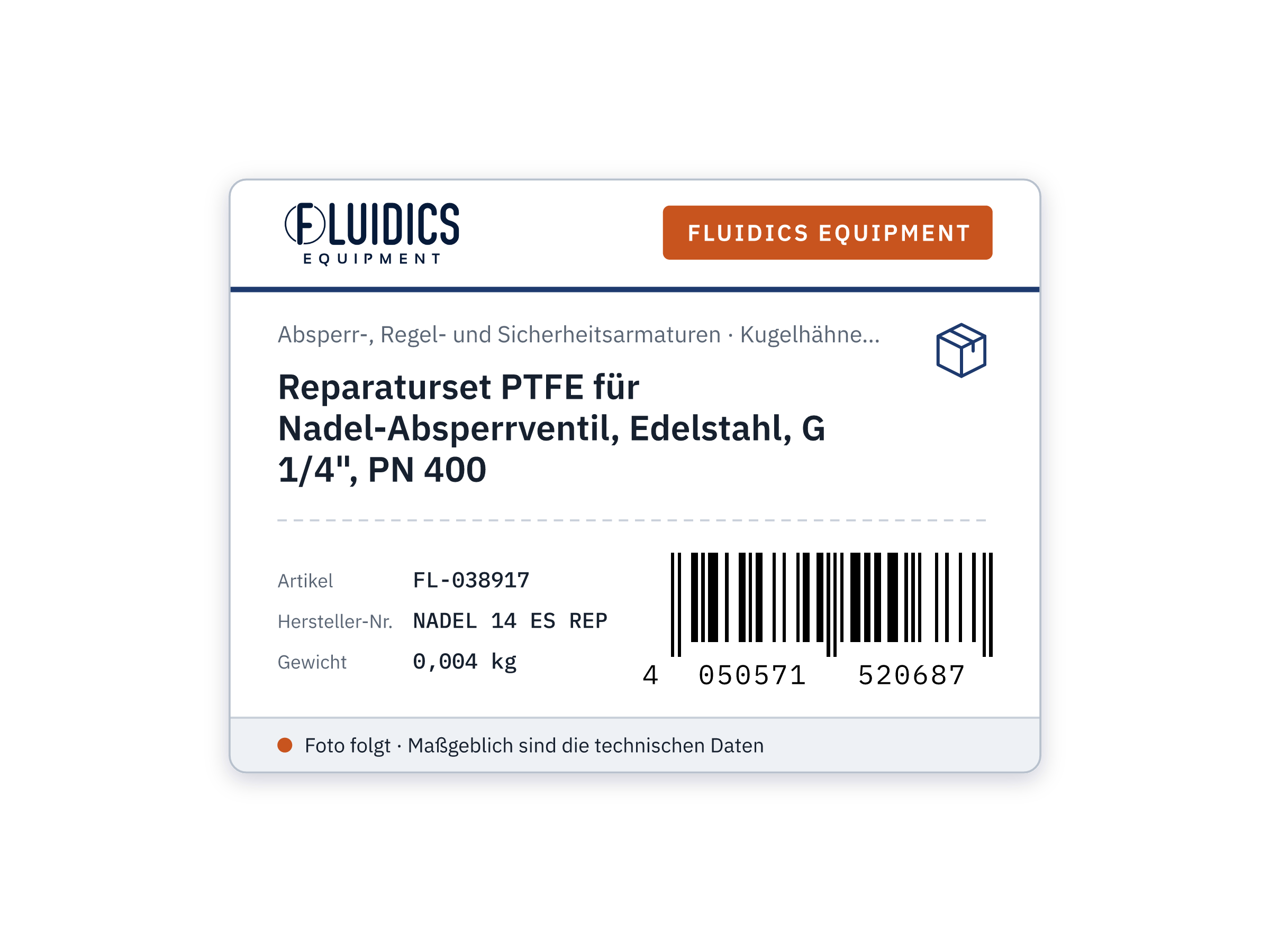 PTFE repair kit for needle shut-off valve, stainless steel, G 1/4", PN 400