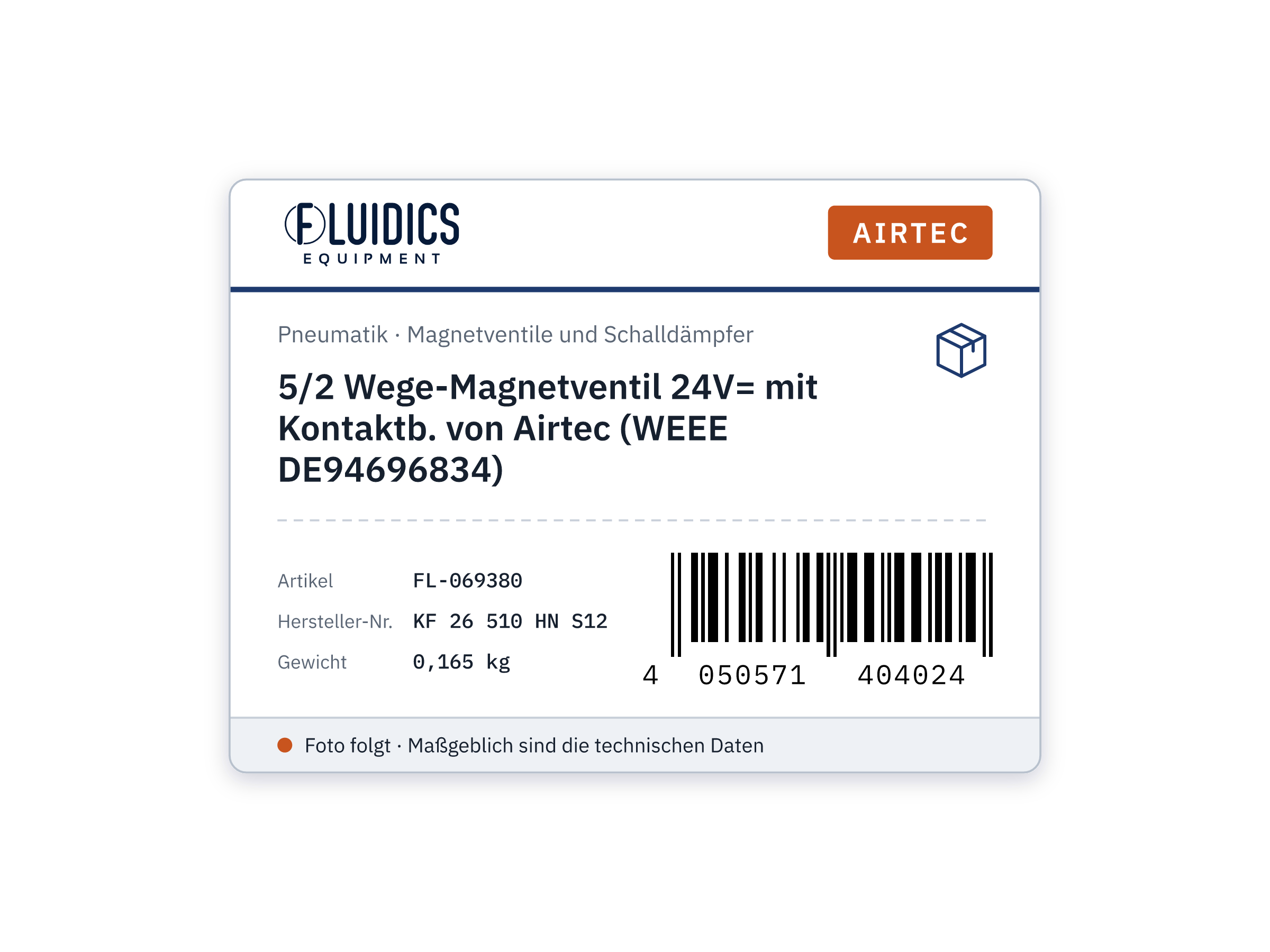 5/2 Wege-Magnetventil 24V= mit Kontaktb. von Airtec (WEEE DE94696834)