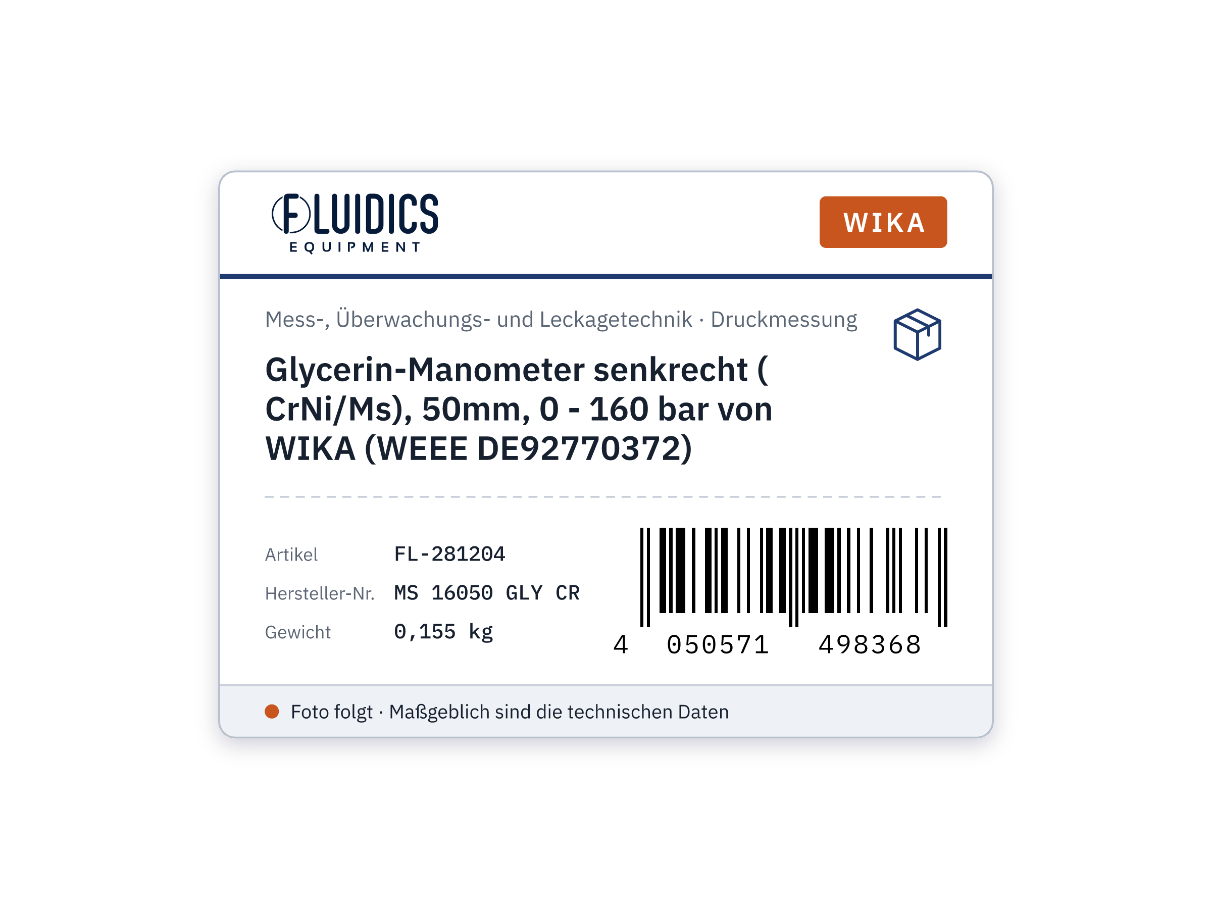 Glycerin-Manometer senkrecht ( CrNi/Ms), 50mm, 0 - 160 bar von WIKA (WEEE DE92770372)