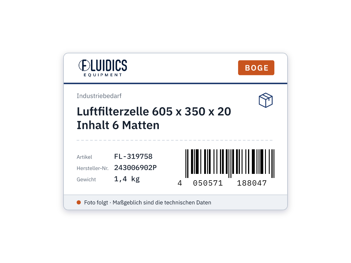 Luftfilterzelle 605 x 350 x 20 Inhalt 6 Matten von Boge