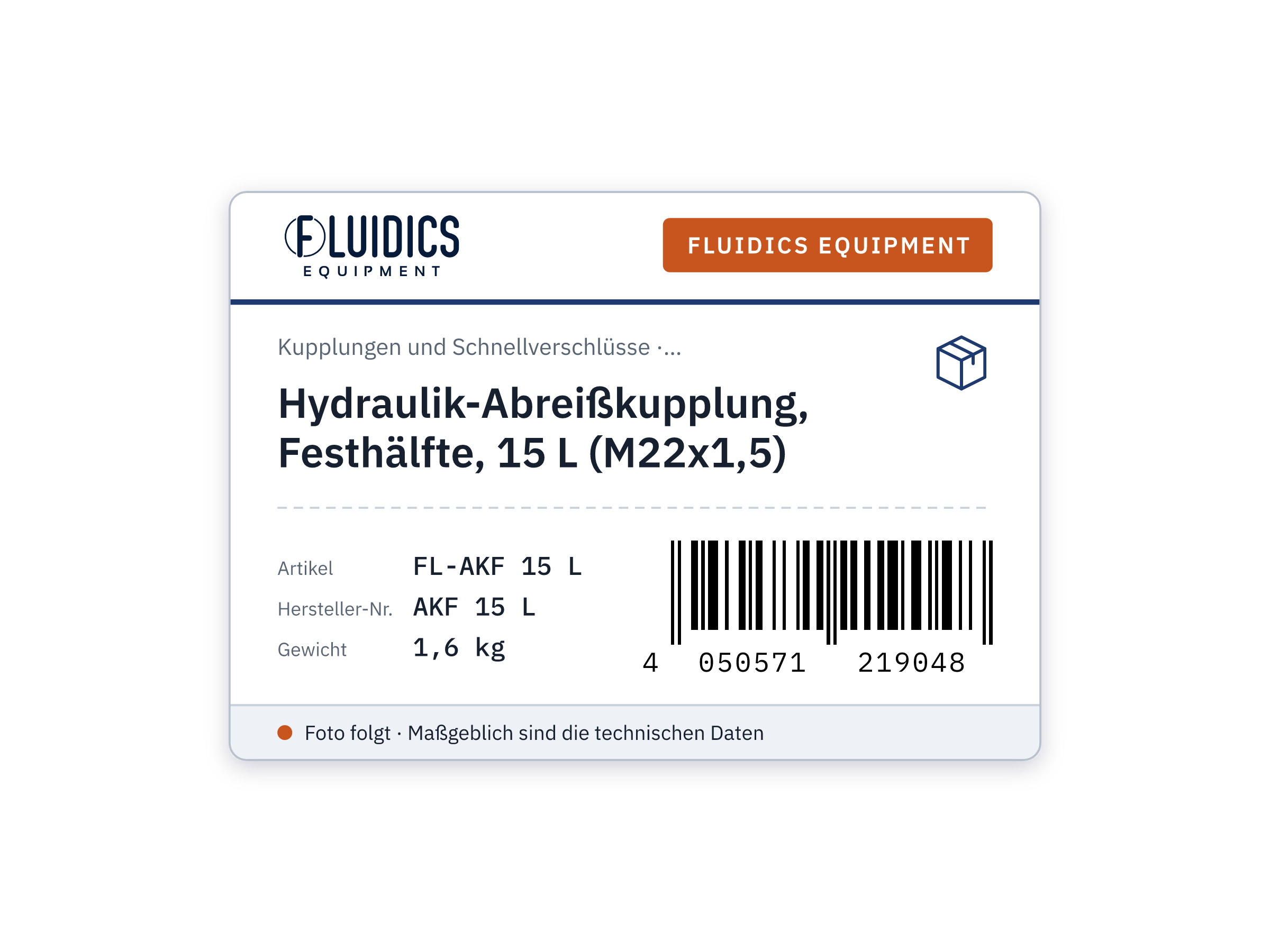 Hydraulik-Abreißkupplung, Festhälfte, 15 L (M22x1,5)