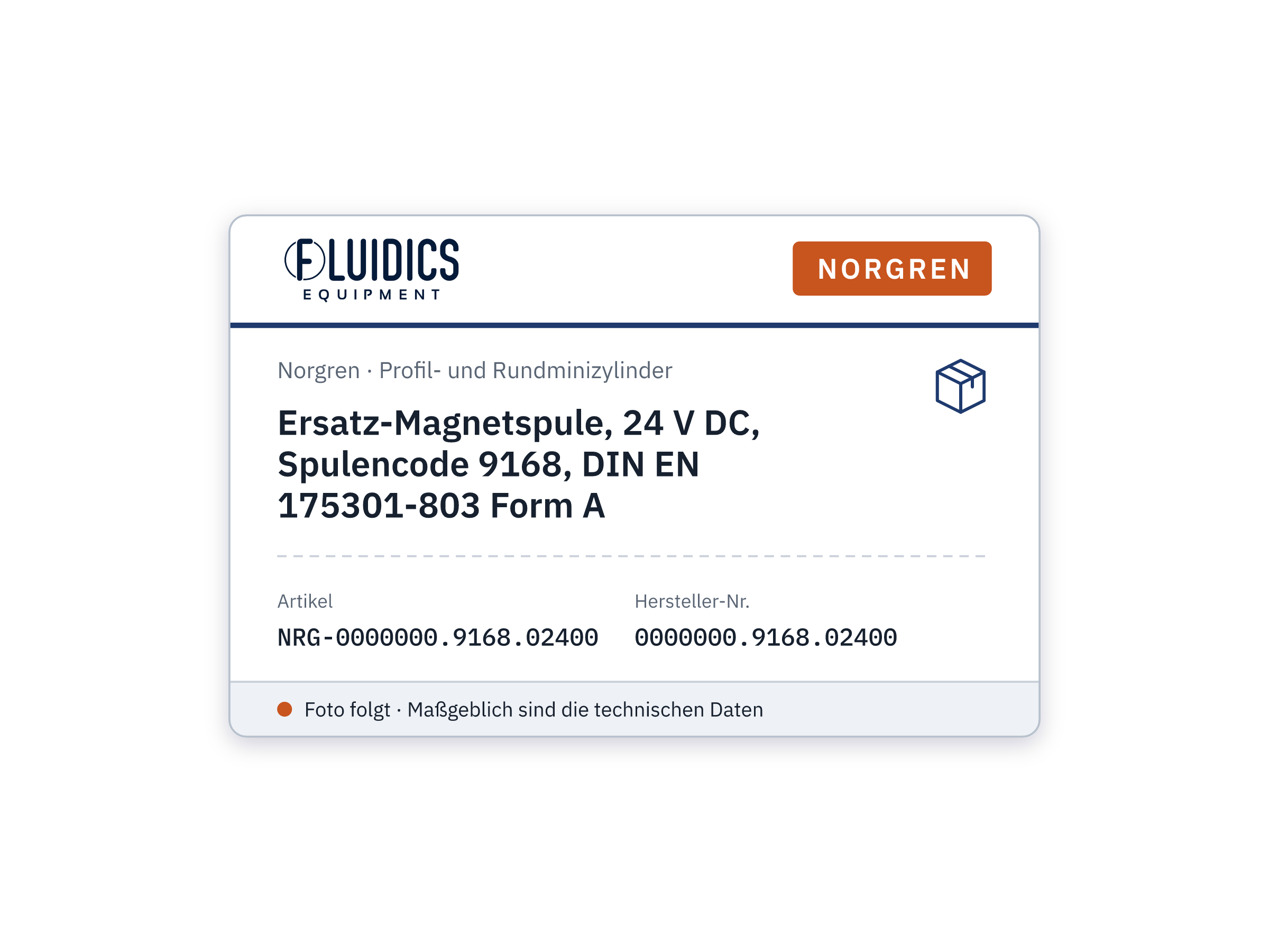 Spare solenoid coil, 24 V DC, coil code 9168, DIN EN 175301-803 Form A - Norgren 0000000.9168.02400