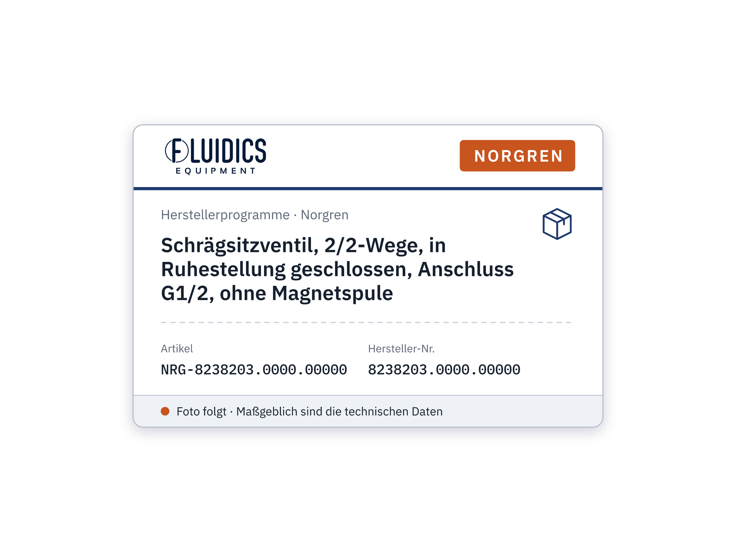 Schrägsitzventil, 2/2-Wege, in Ruhestellung geschlossen, Anschluss G1/2, ohne Magnetspule - Norgren 8238203.0000.00000