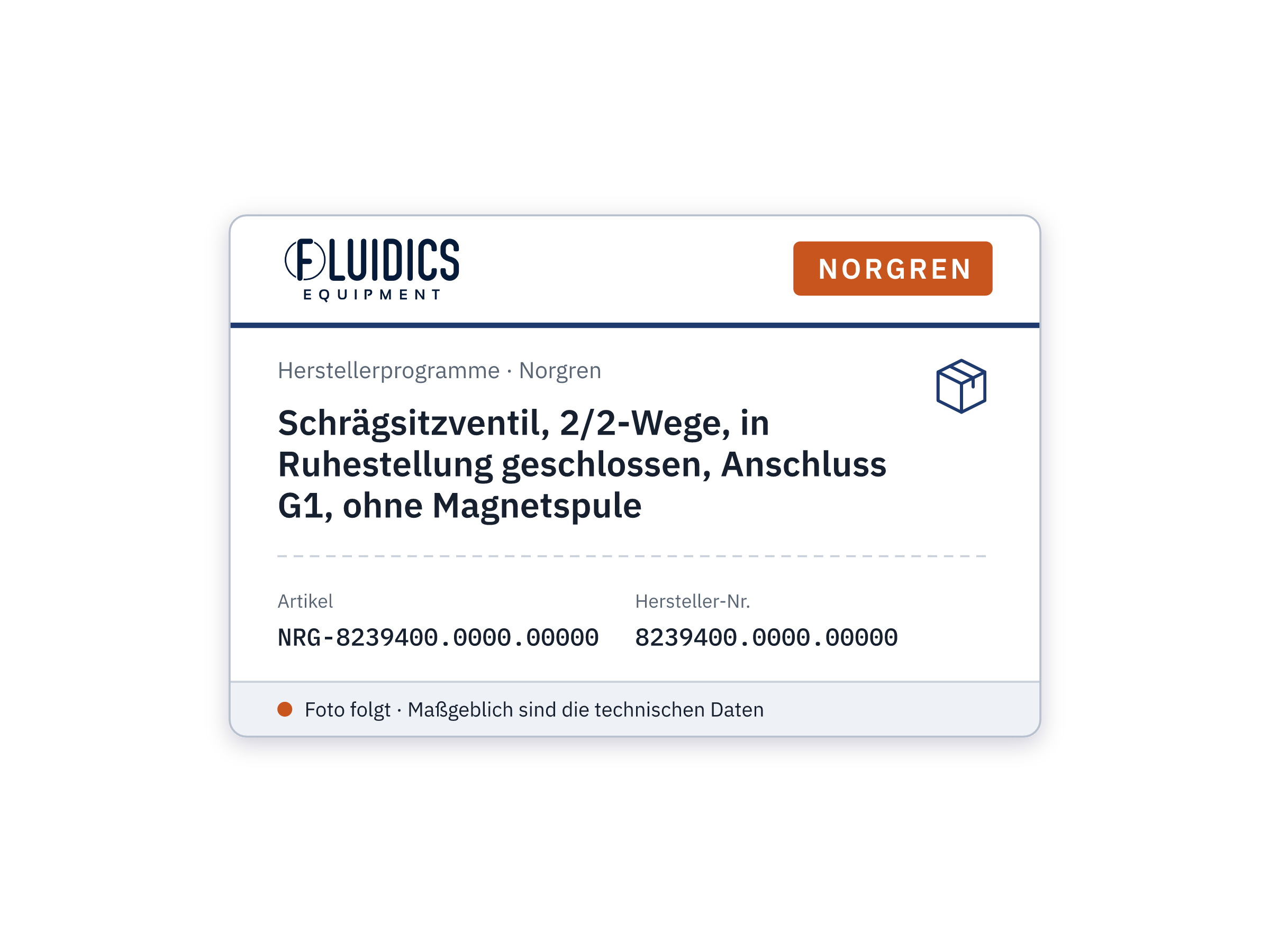 Schrägsitzventil, 2/2-Wege, in Ruhestellung geschlossen, Anschluss G1, ohne Magnetspule - Norgren 8239400.0000.00000