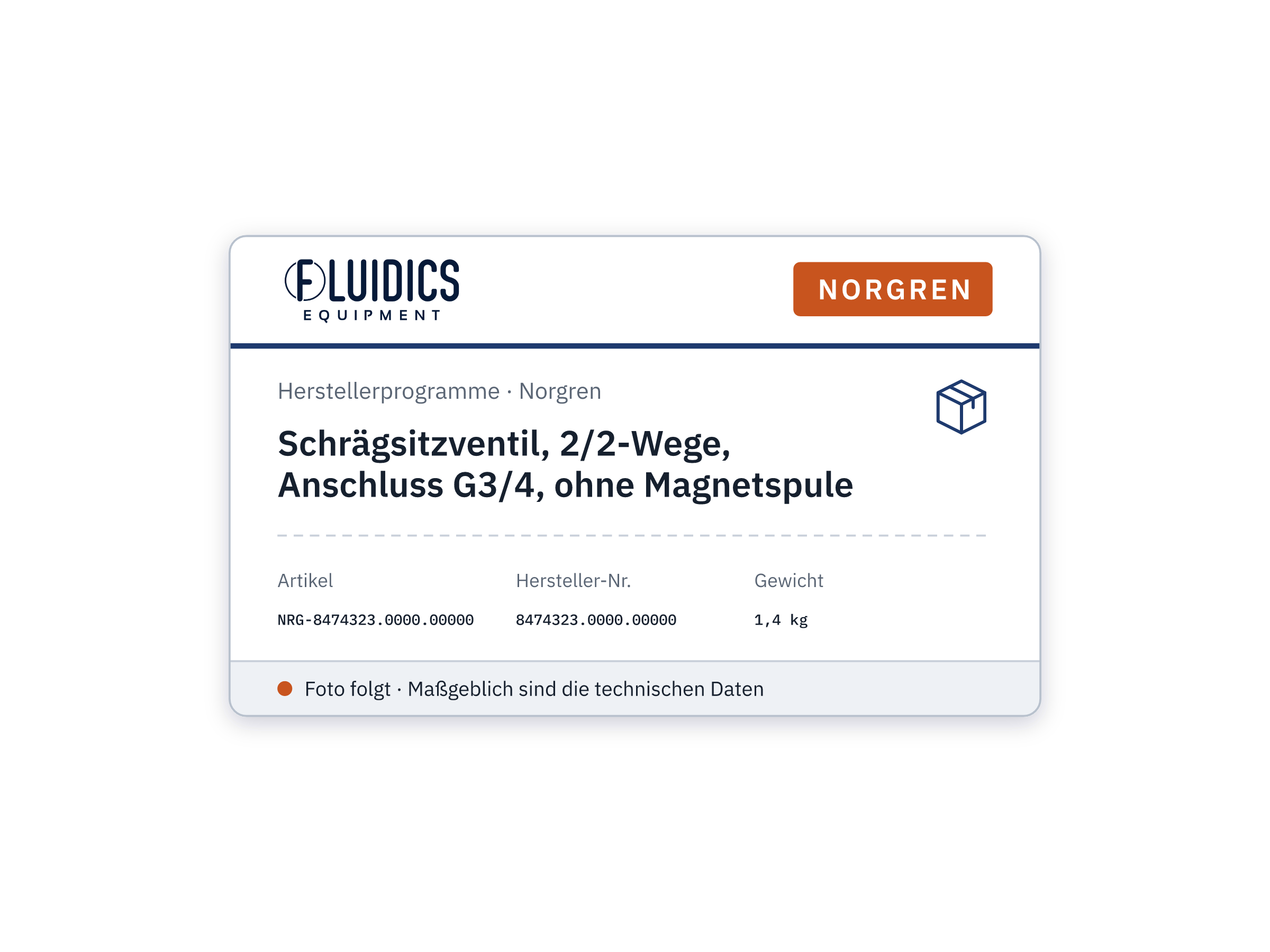 Schrägsitzventil, 2/2-Wege, Anschluss G3/4, ohne Magnetspule - Norgren 8474323.0000.00000