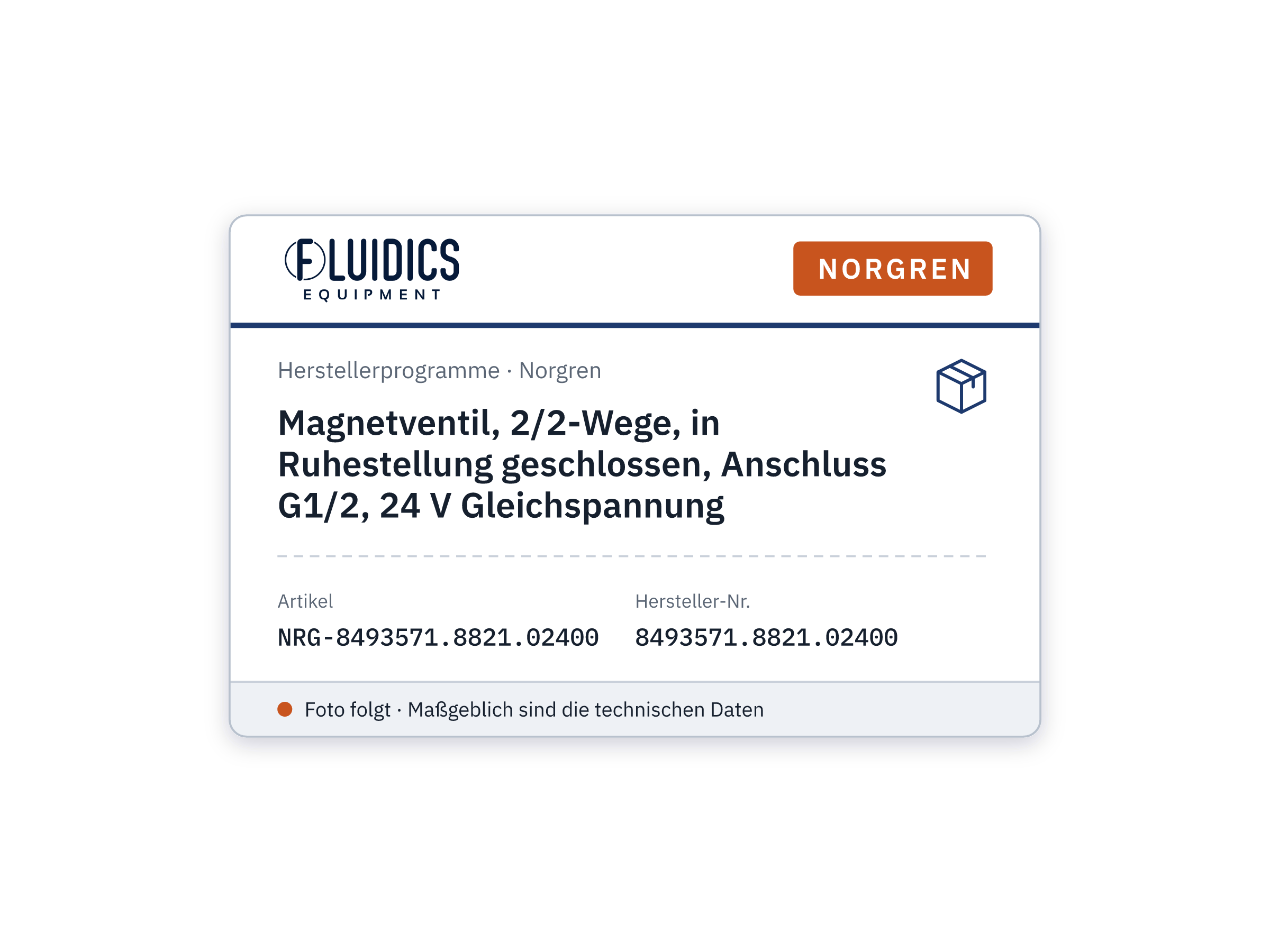Magnetventil, 2/2-Wege, in Ruhestellung geschlossen, Anschluss G1/2, 24 V Gleichspannung - Norgren 8493571.8821.02400