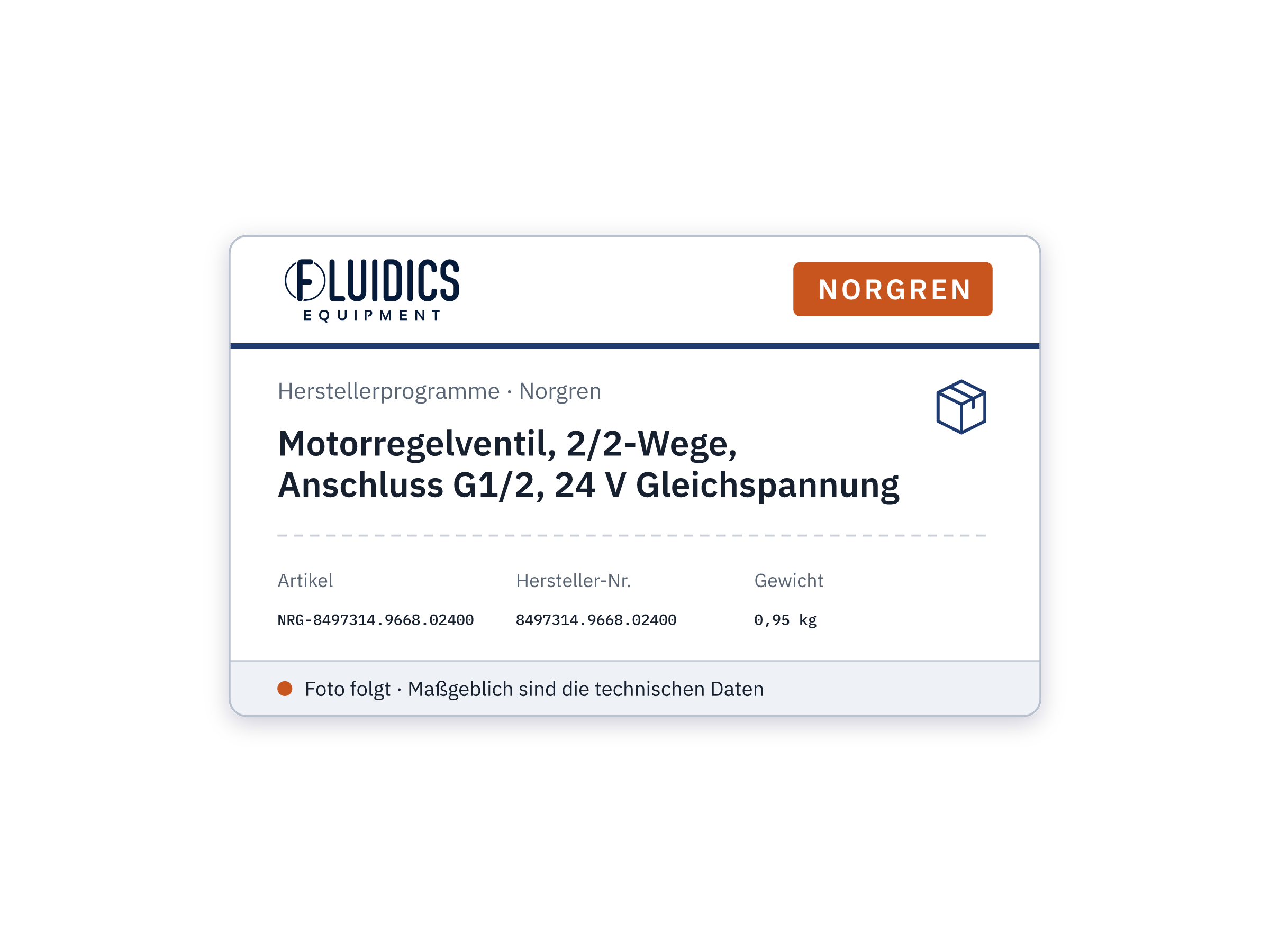 Motorised control valve, 2/2 way, port G1/2, 24 V DC - Norgren 8497314.9668.02400