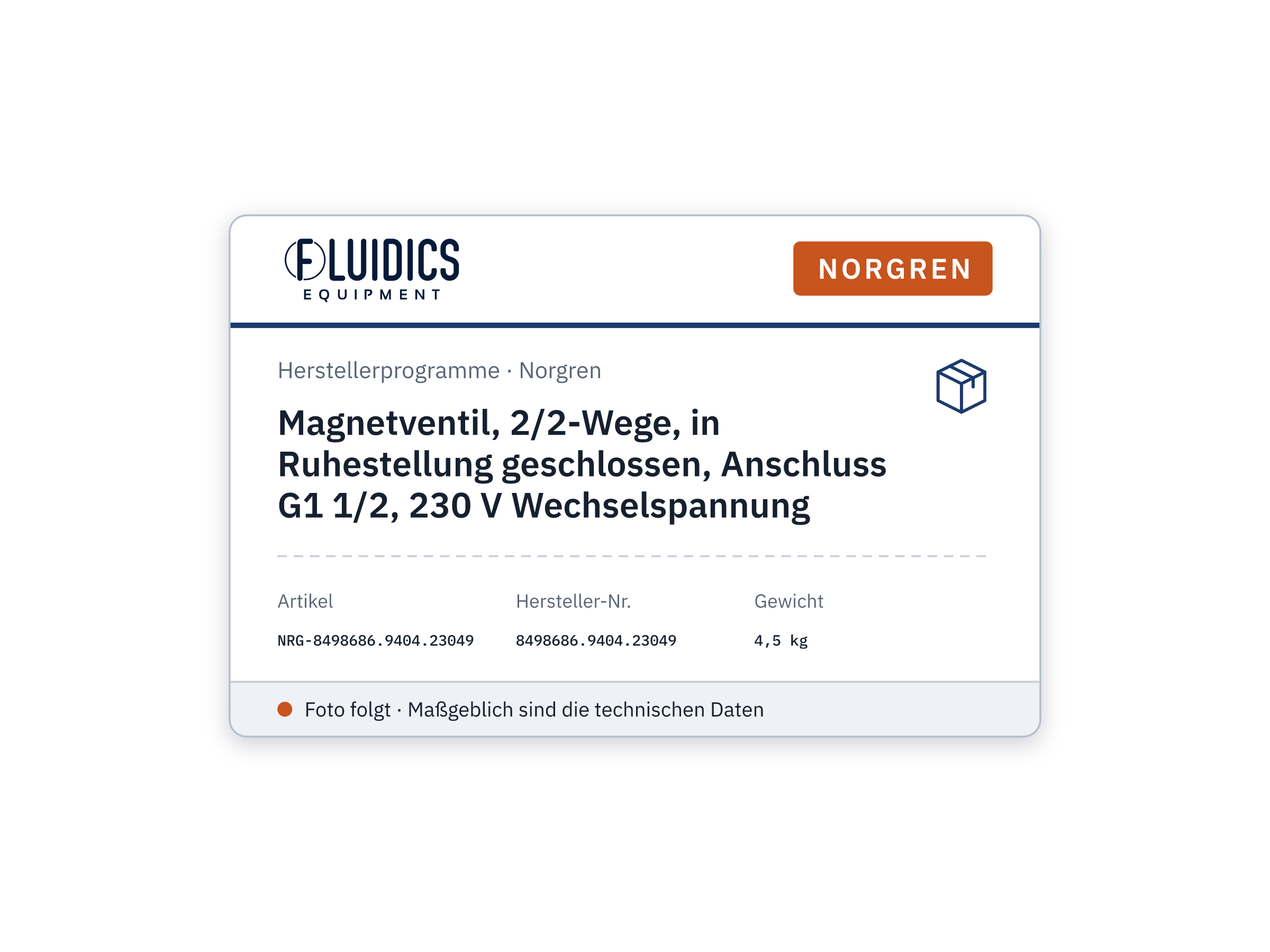 Magnetventil, 2/2-Wege, in Ruhestellung geschlossen, Anschluss G1 1/2, 230 V Wechselspannung - Norgren 8498686.9404.23049