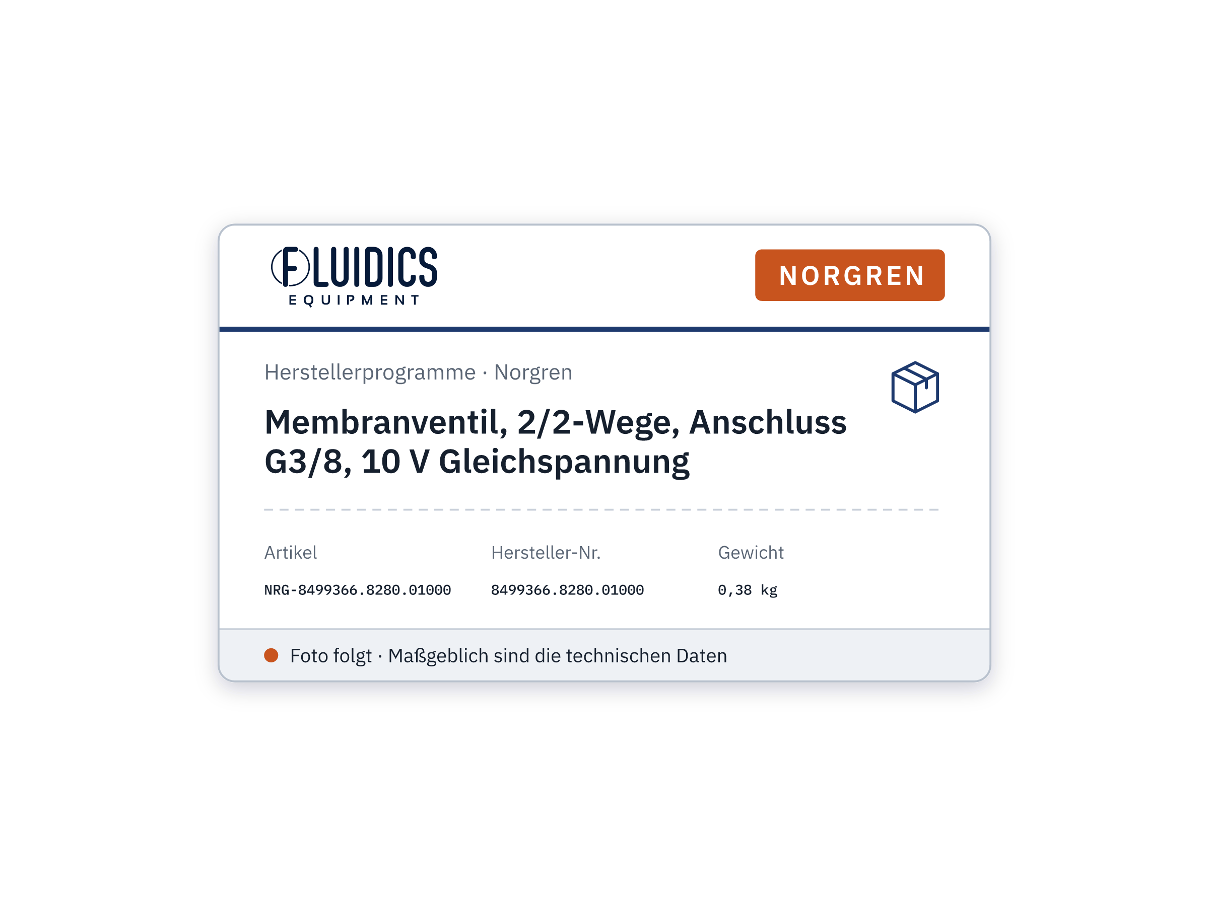 Membranventil, 2/2-Wege, Anschluss G3/8, 10 V Gleichspannung - Norgren 8499366.8280.01000