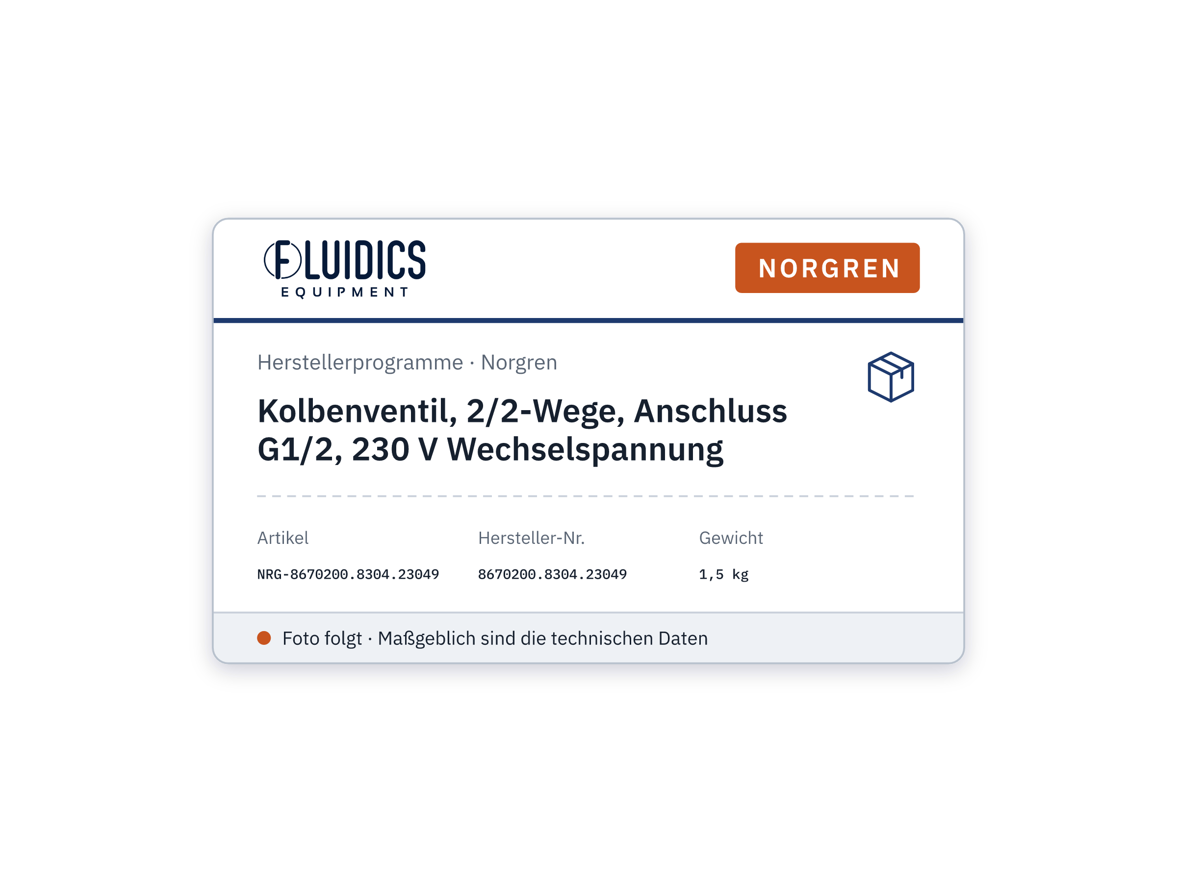 Kolbenventil, 2/2-Wege, Anschluss G1/2, 230 V Wechselspannung - Norgren 8670200.8304.23049