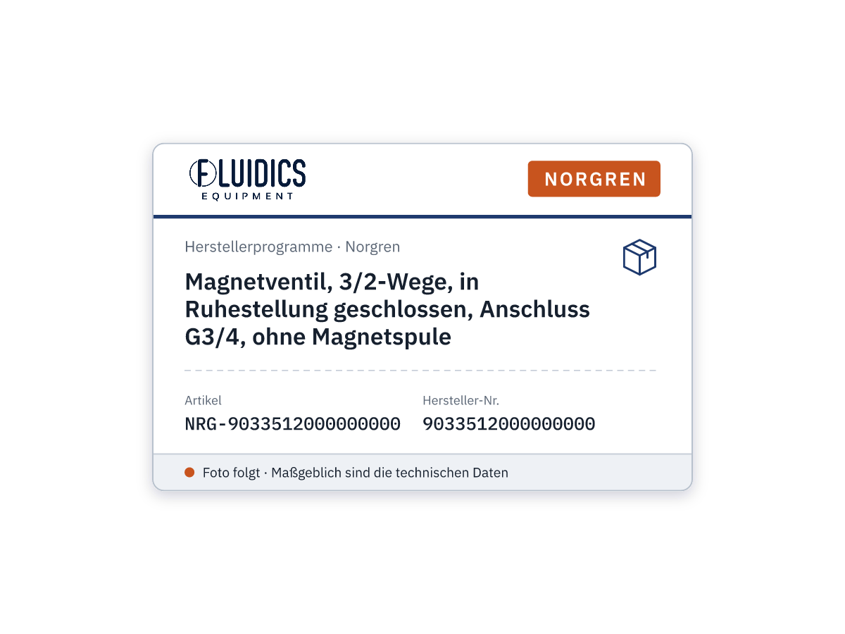 Magnetventil, 3/2-Wege, in Ruhestellung geschlossen, Anschluss G3/4, ohne Magnetspule - Norgren 9033512000000000