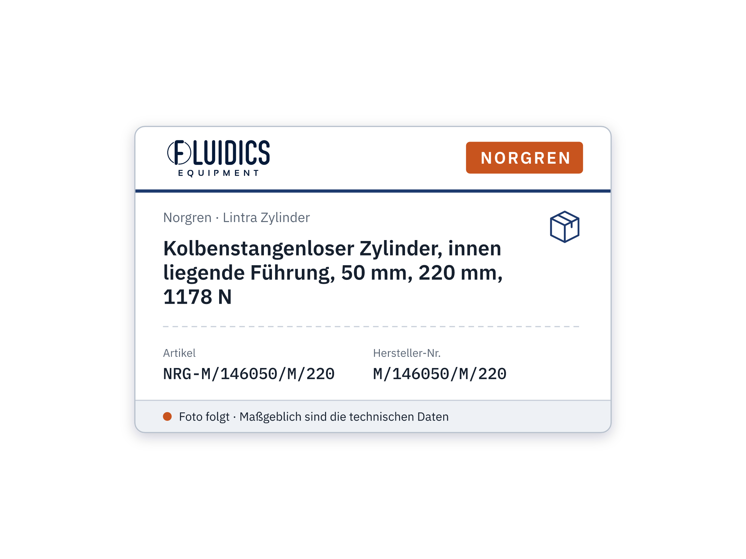 Kolbenstangenloser Zylinder, innen liegende Führung, 50 mm, 220 mm, 1178 N - Norgren M/146050/M/220