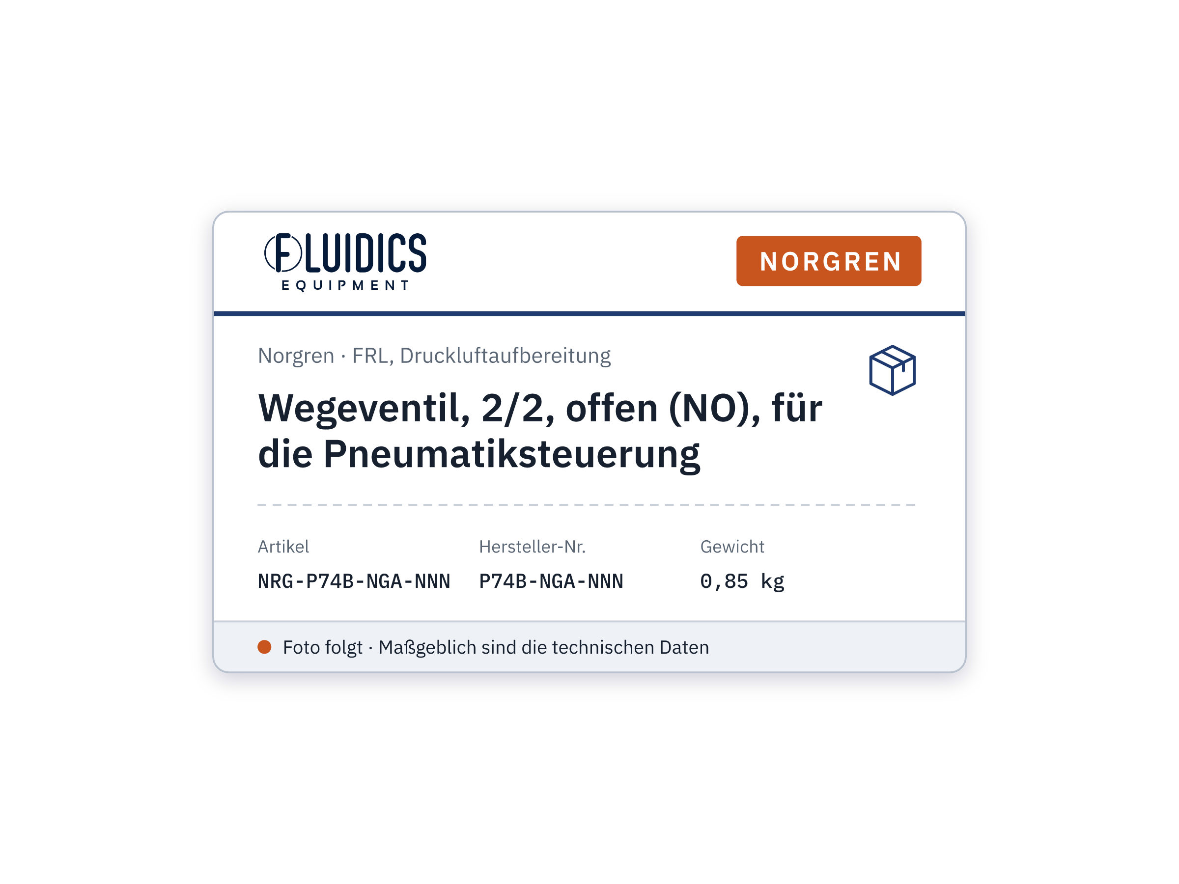 Wegeventil, 2/2, offen (NO), für die Pneumatiksteuerung - Norgren P74B-NGA-NNN