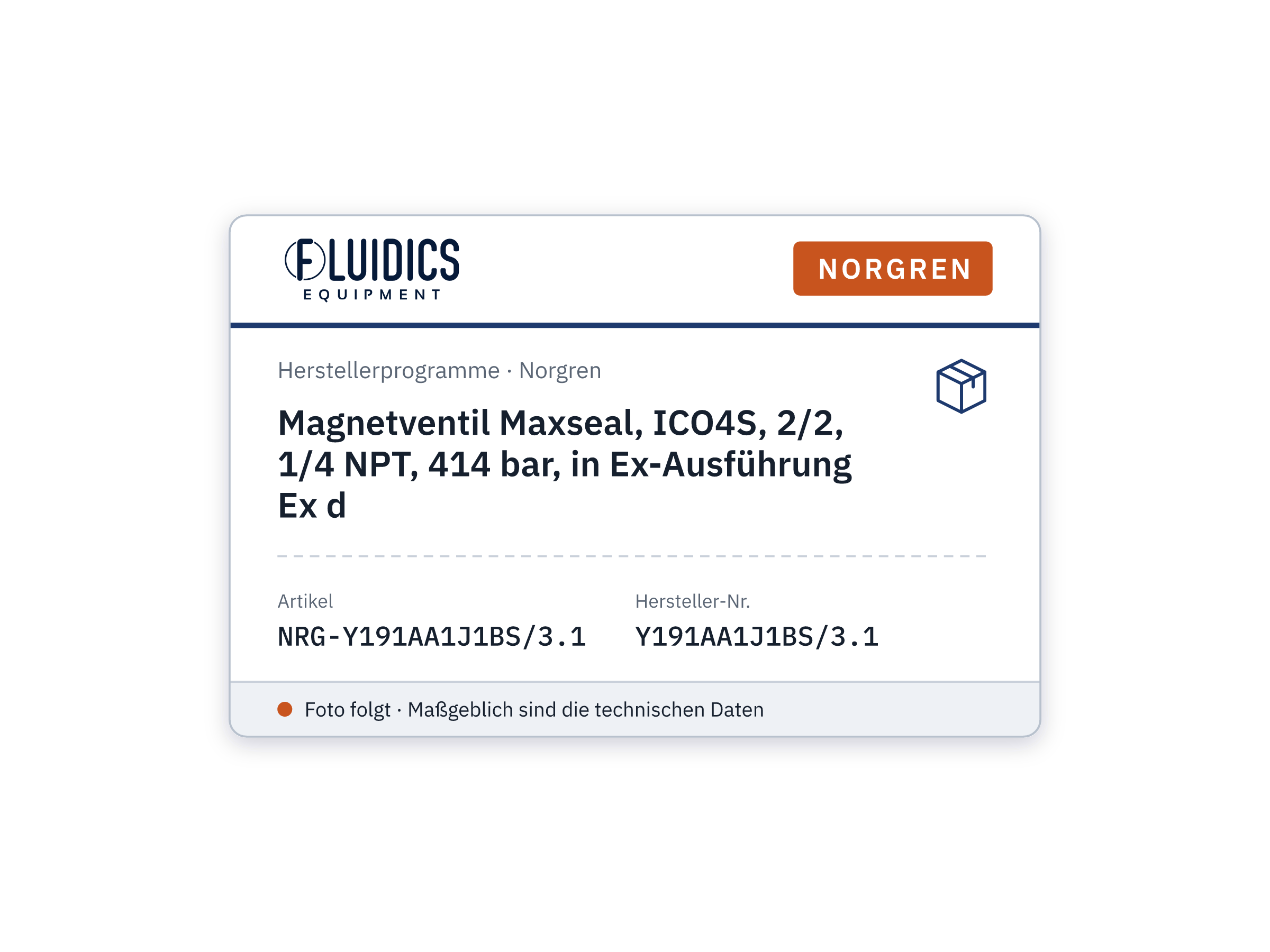 Magnetventil Maxseal, ICO4S, 2/2, 1/4 NPT, 414 bar, in Ex-Ausführung Ex d - Norgren Y191AA1J1BS/3.1