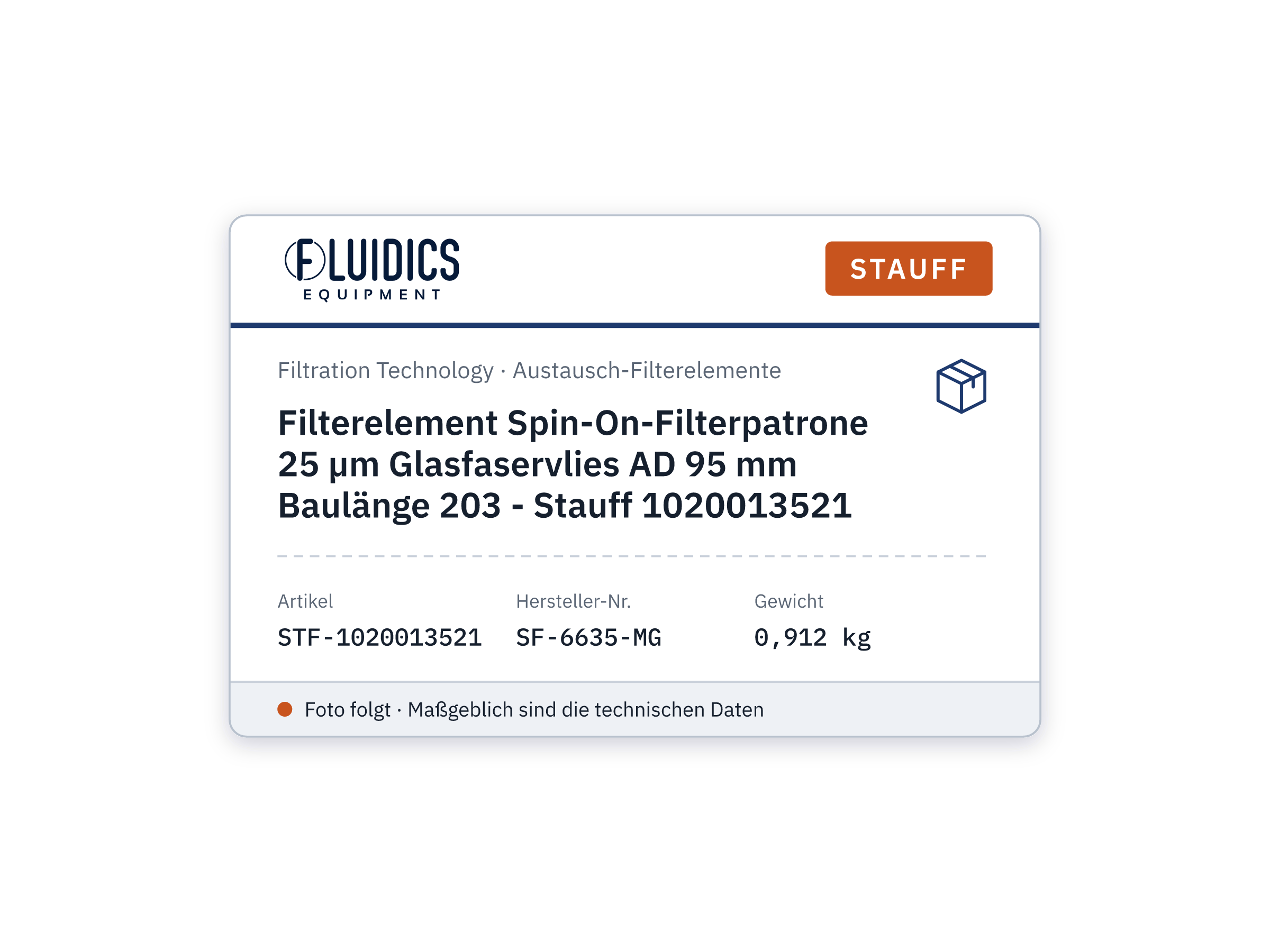 Filterelement Spin-On-Filterpatrone 25 µm Glasfaservlies AD 95 mm Baulänge 203 - Stauff 1020013521