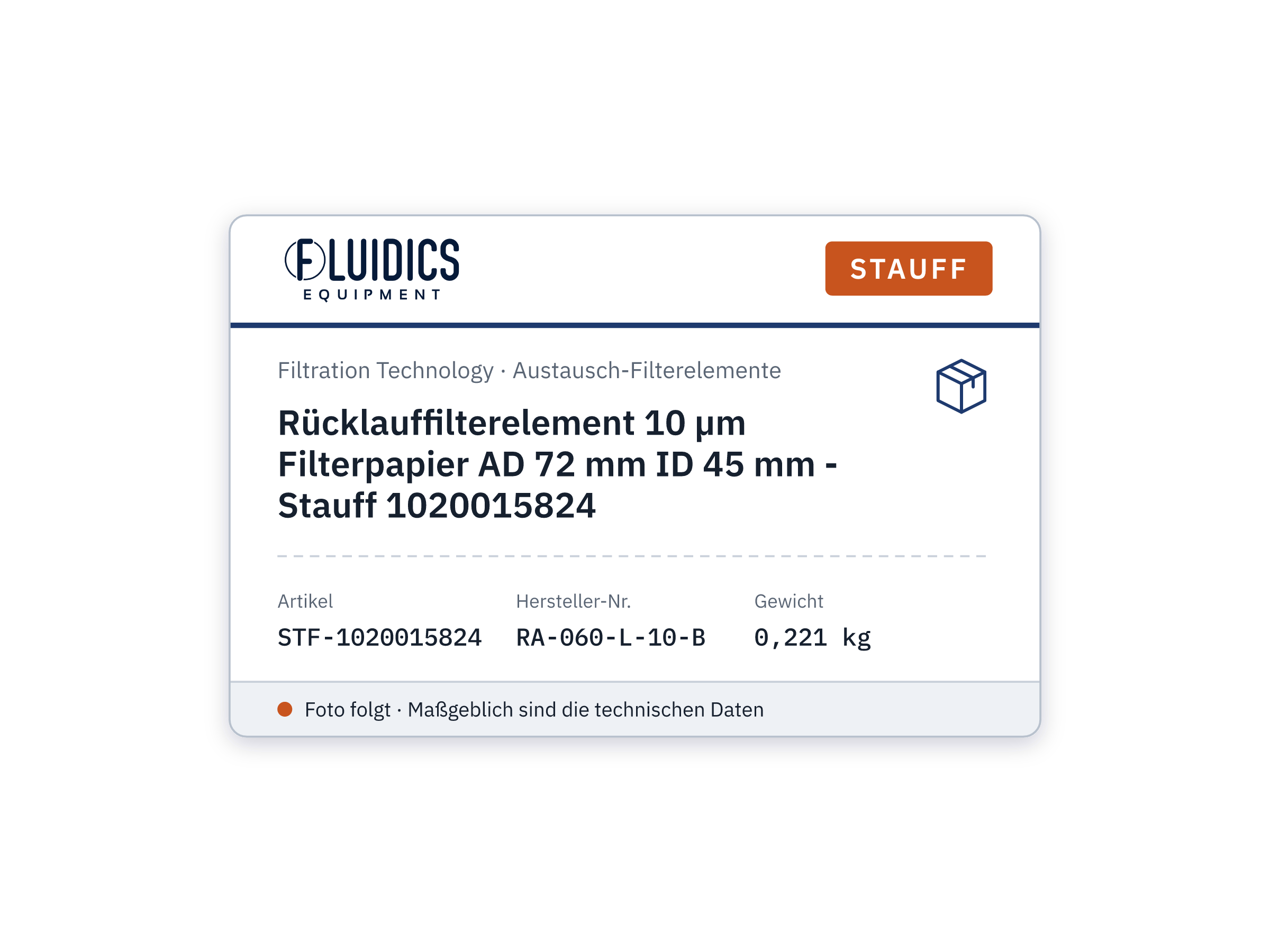 Rücklauffilterelement 10 µm Filterpapier AD 72 mm ID 45 mm - Stauff 1020015824