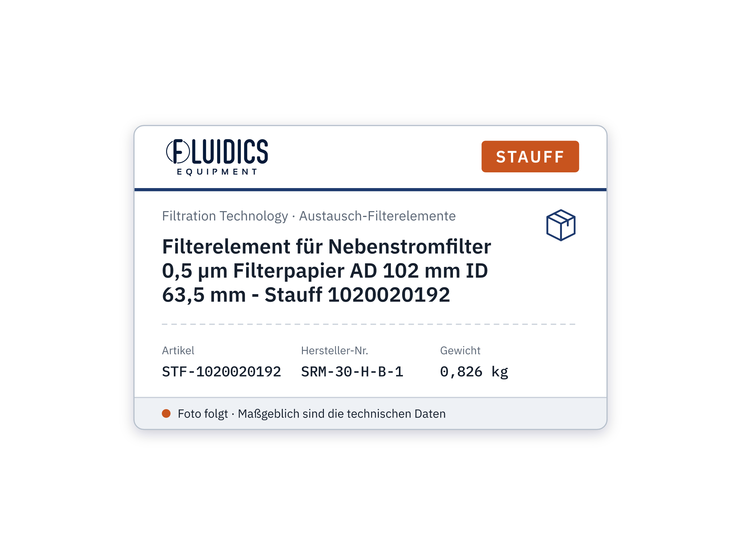 Filterelement für Nebenstromfilter 0,5 µm Filterpapier AD 102 mm ID 63,5 mm - Stauff 1020020192
