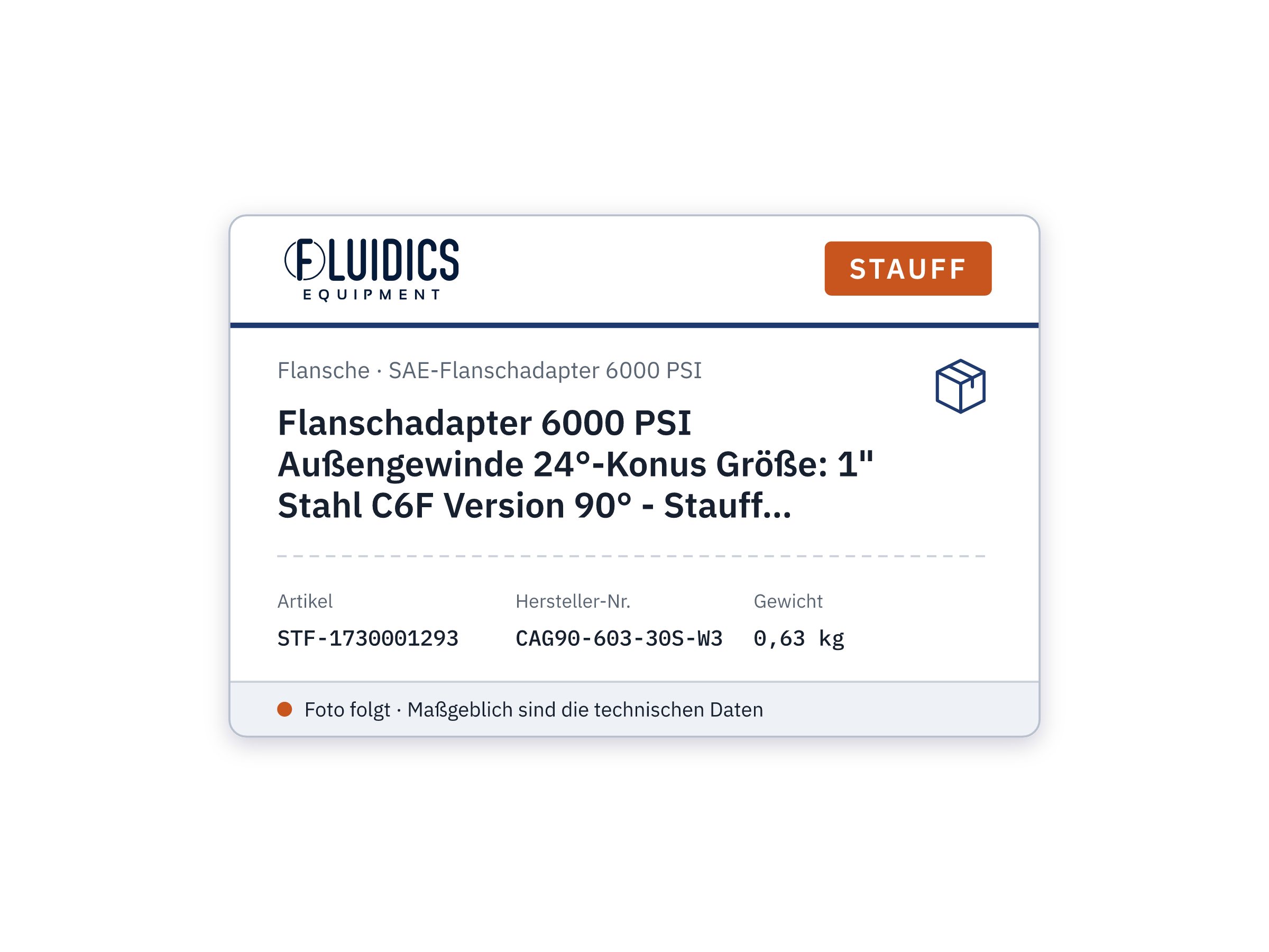Flanschadapter 6000 PSI Außengewinde 24°-Konus Größe: 1" Stahl C6F Version 90° - Stauff 1730001293