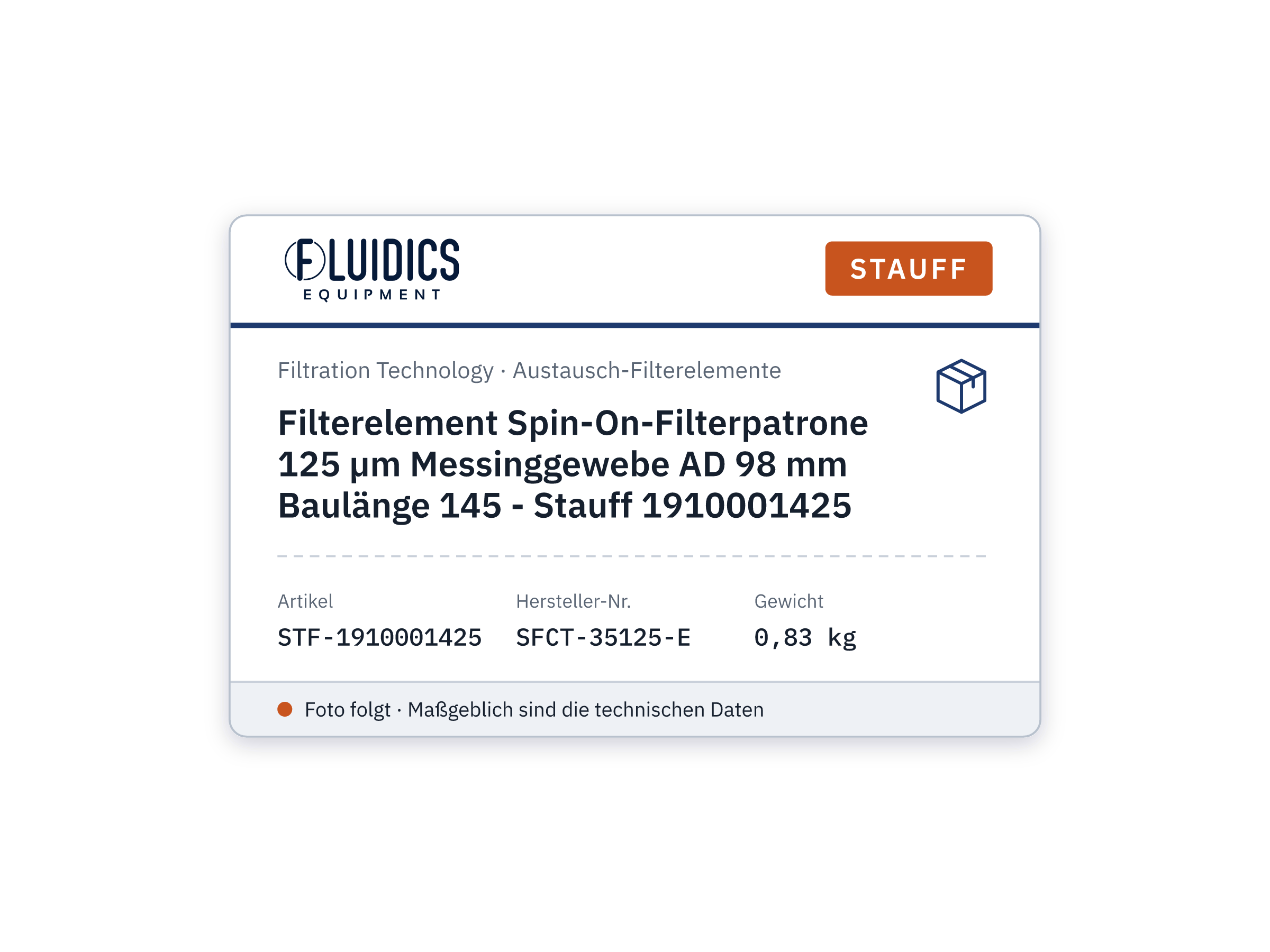Filter Element Spin-On-Filterpatrone 125 µm Messinggewebe AD 98 mm Baulänge 145 - Stauff 1910001425