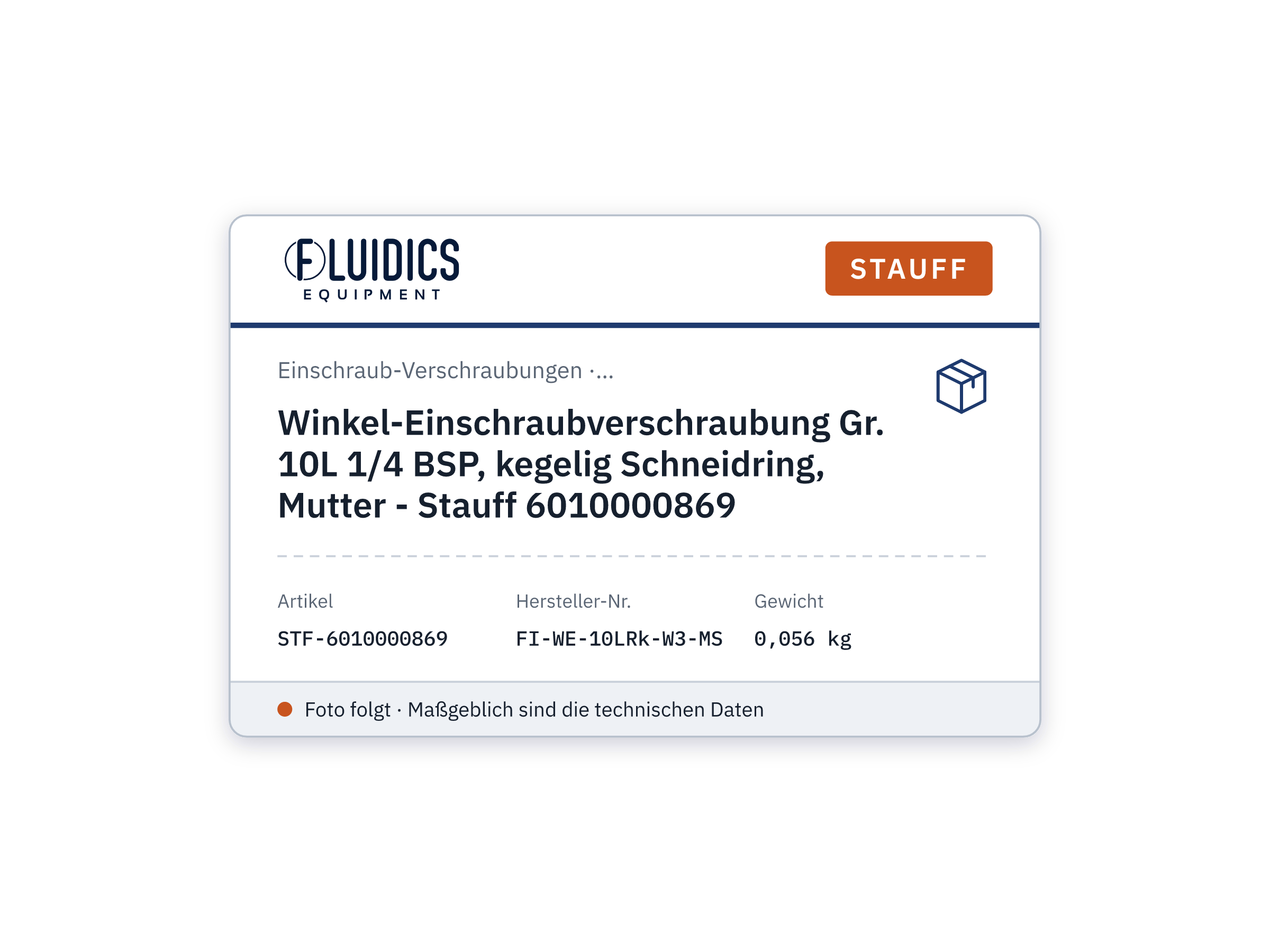 Winkel-Einschraubverschraubung Gr. 10L 1/4 BSP, kegelig Schneidring, Mutter - Stauff 6010000869