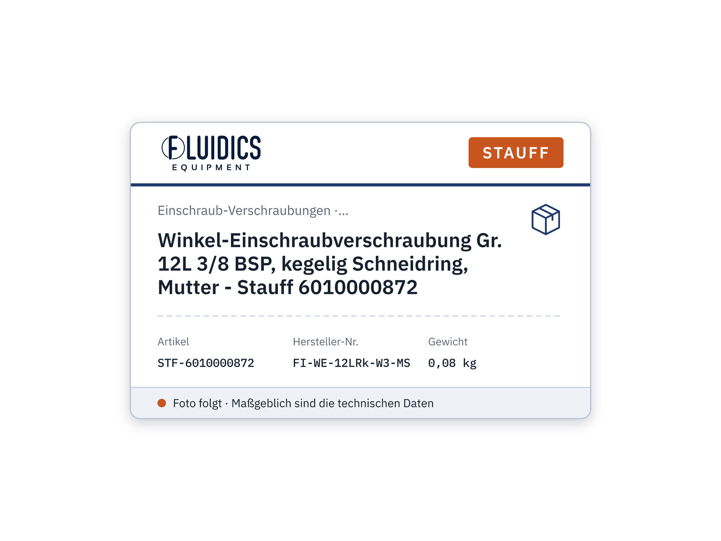 Winkel-Einschraubverschraubung Gr. 12L 3/8 BSP, kegelig Schneidring, Mutter - Stauff 6010000872