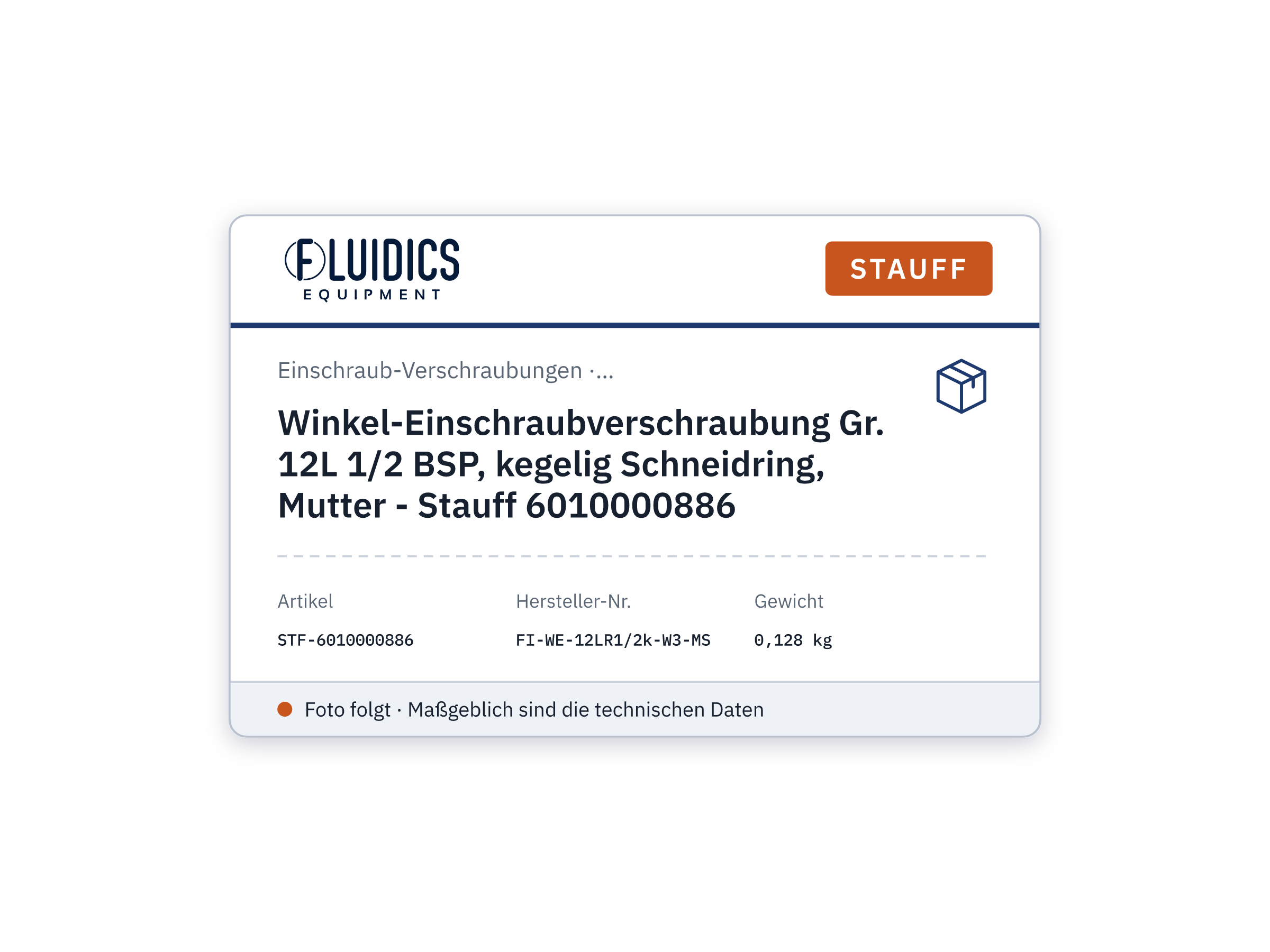 Winkel-Einschraubverschraubung Gr. 12L 1/2 BSP, kegelig Schneidring, Mutter - Stauff 6010000886