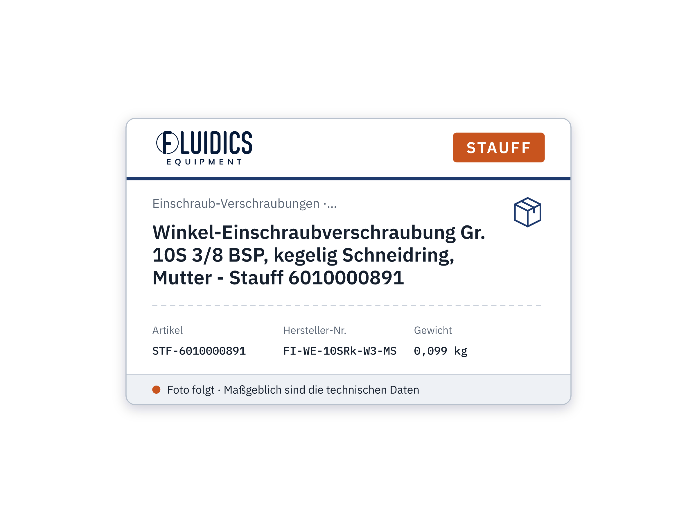 Winkel-Einschraubverschraubung Gr. 10S 3/8 BSP, kegelig Schneidring, Mutter - Stauff 6010000891