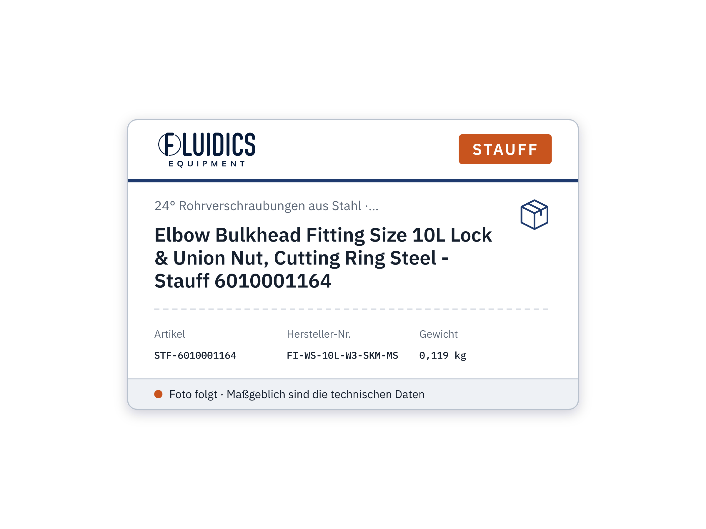 Elbow Bulkhead Fitting Size 10L Lock & Union Nut, Cutting Ring Steel - Stauff 6010001164