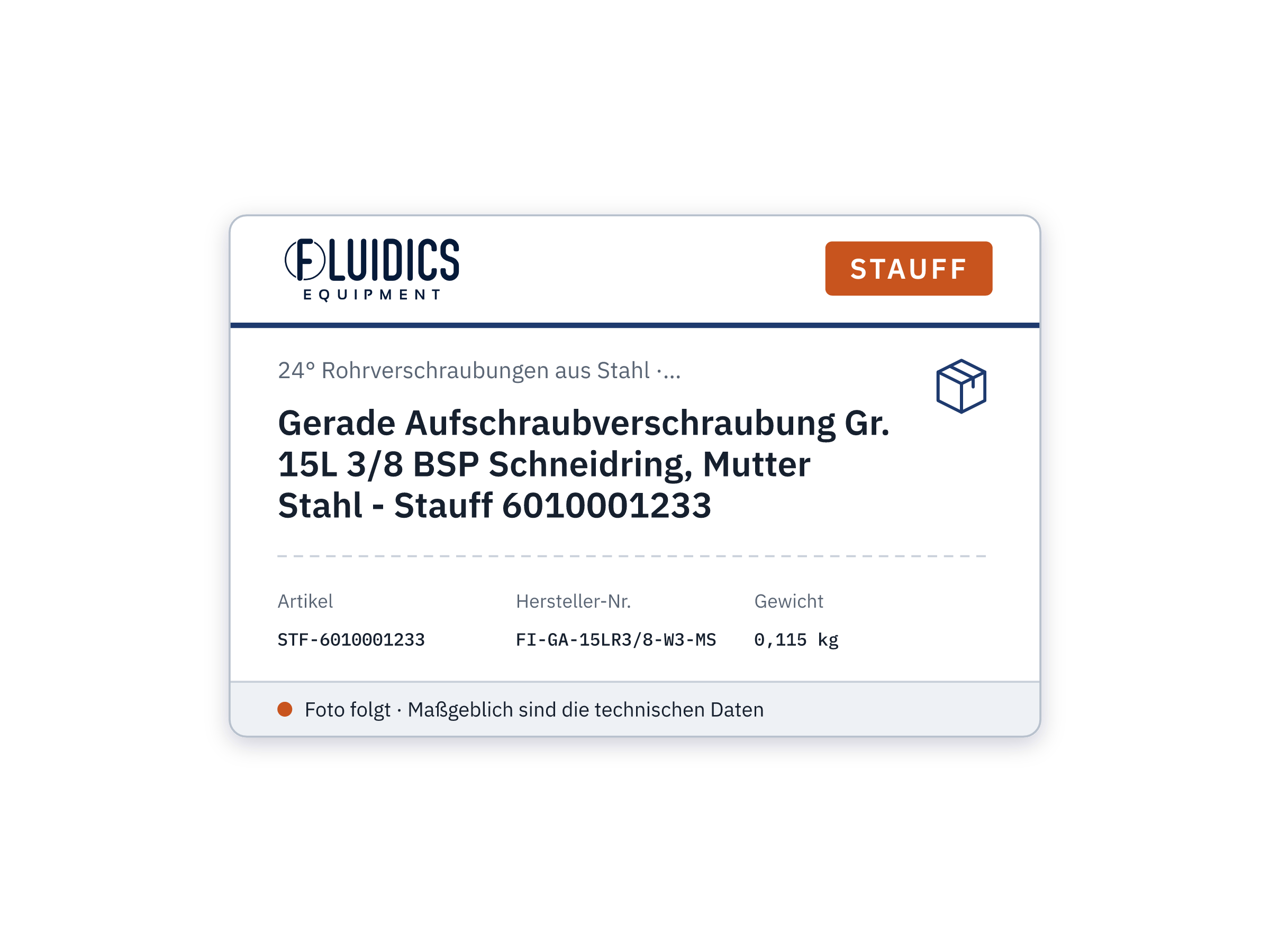 Straight Aufschraubverschraubung Size 15L 3/8 BSP Cutting Ring, Nut Steel - Stauff 6010001233