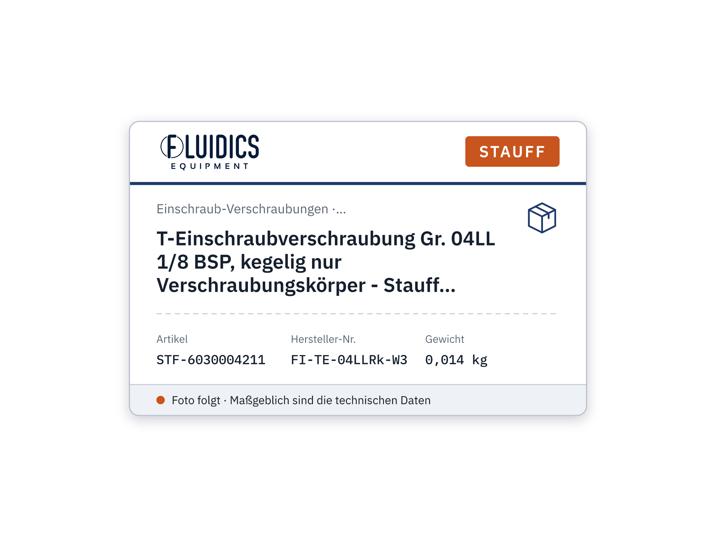 T-Einschraubverschraubung Gr. 04LL 1/8 BSP, kegelig nur Verschraubungskörper - Stauff 6030004211