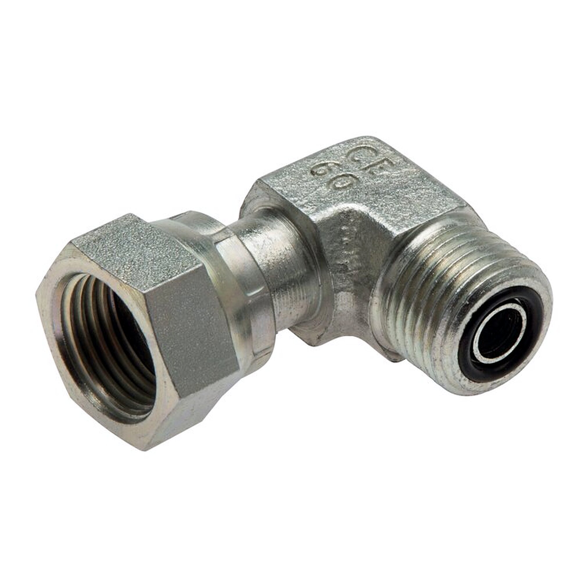 ORFS elbow fitting, female and male thread, ORFS UN 2"-12, PN 250 bar, zinc plated steel