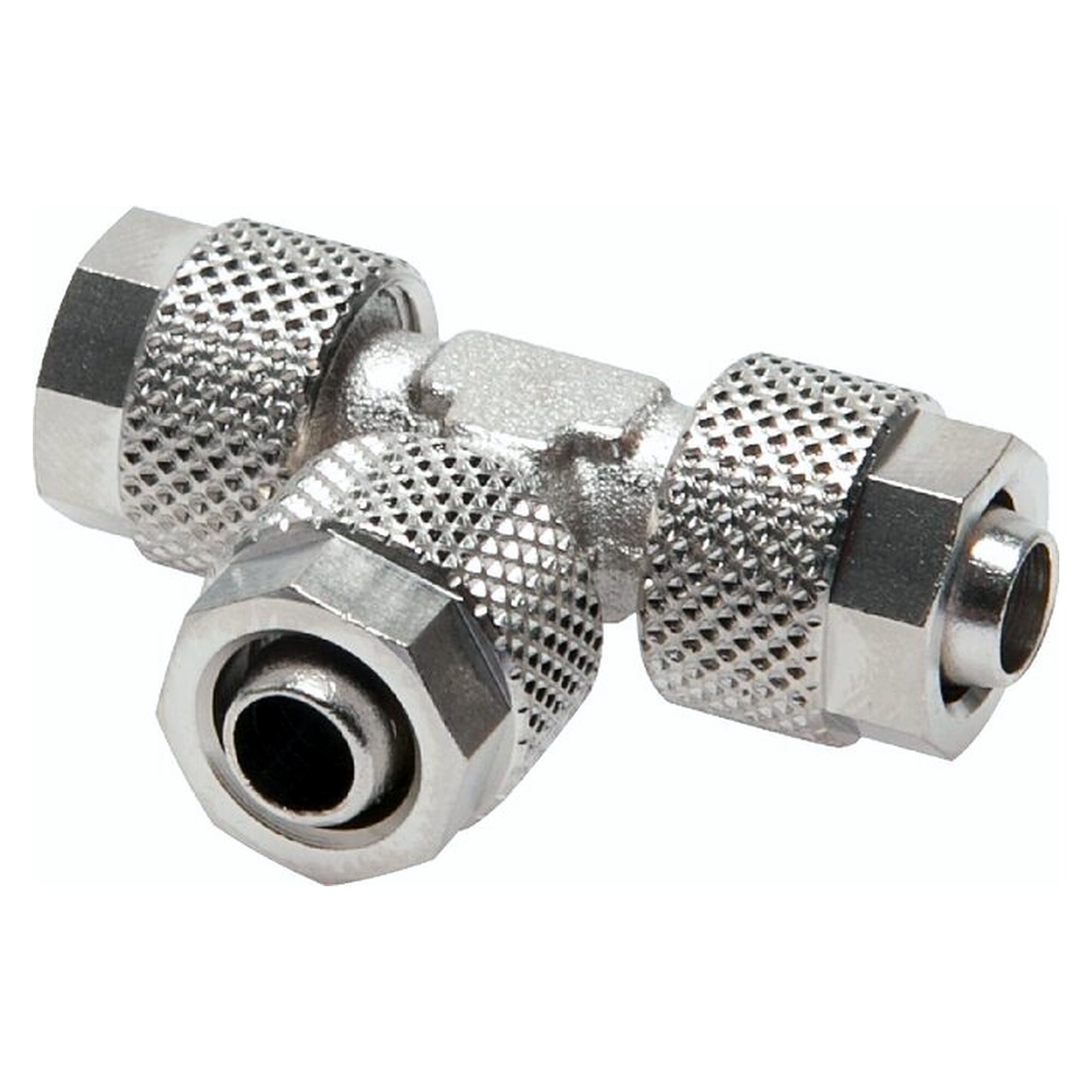 Tube fitting, tee design, tube 4x2 mm, tube centre 4x2 mm, nickel plated brass