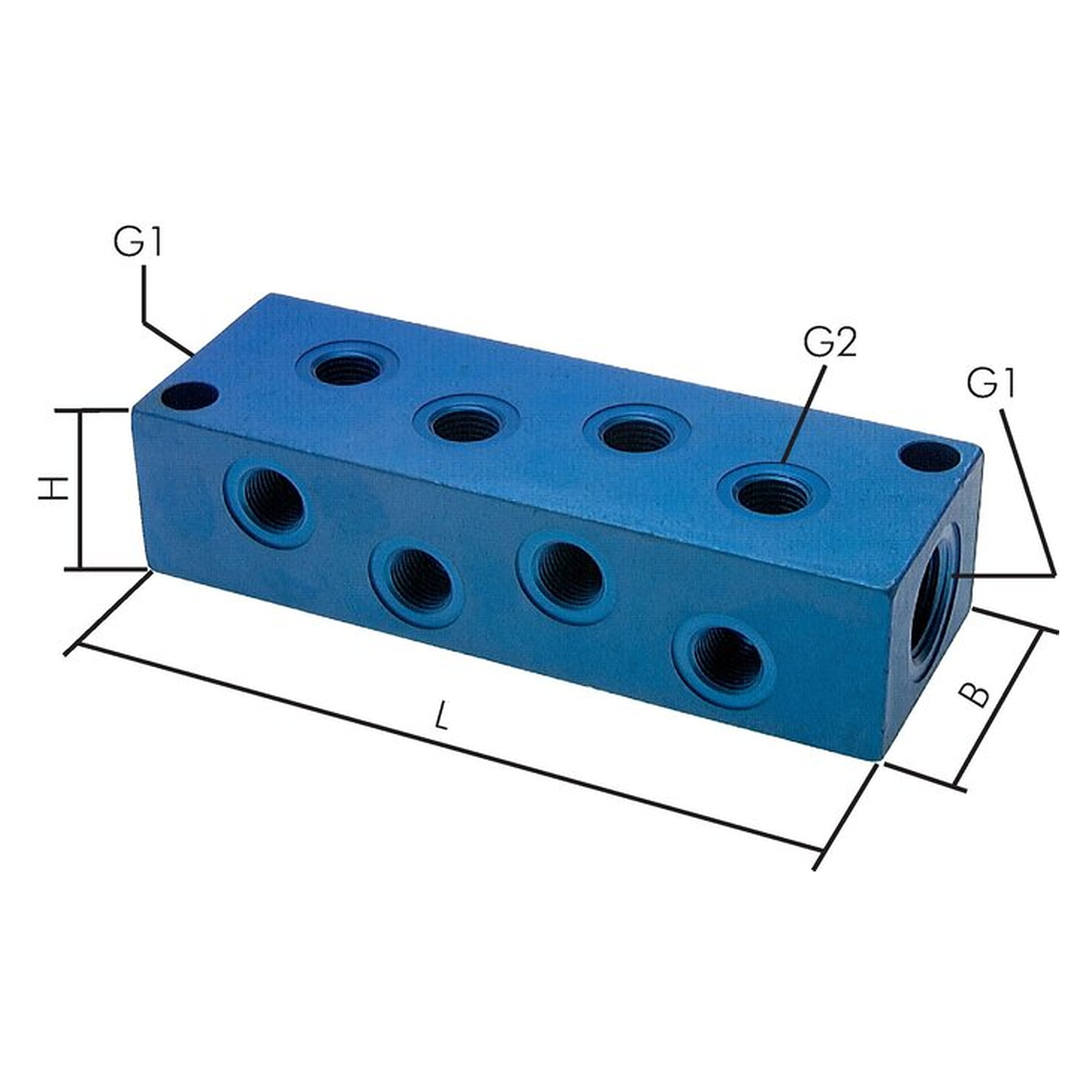 Distribution manifold, thread 2x G 3/4" to second thread 8x G 1/2", length 170 mm, aluminium