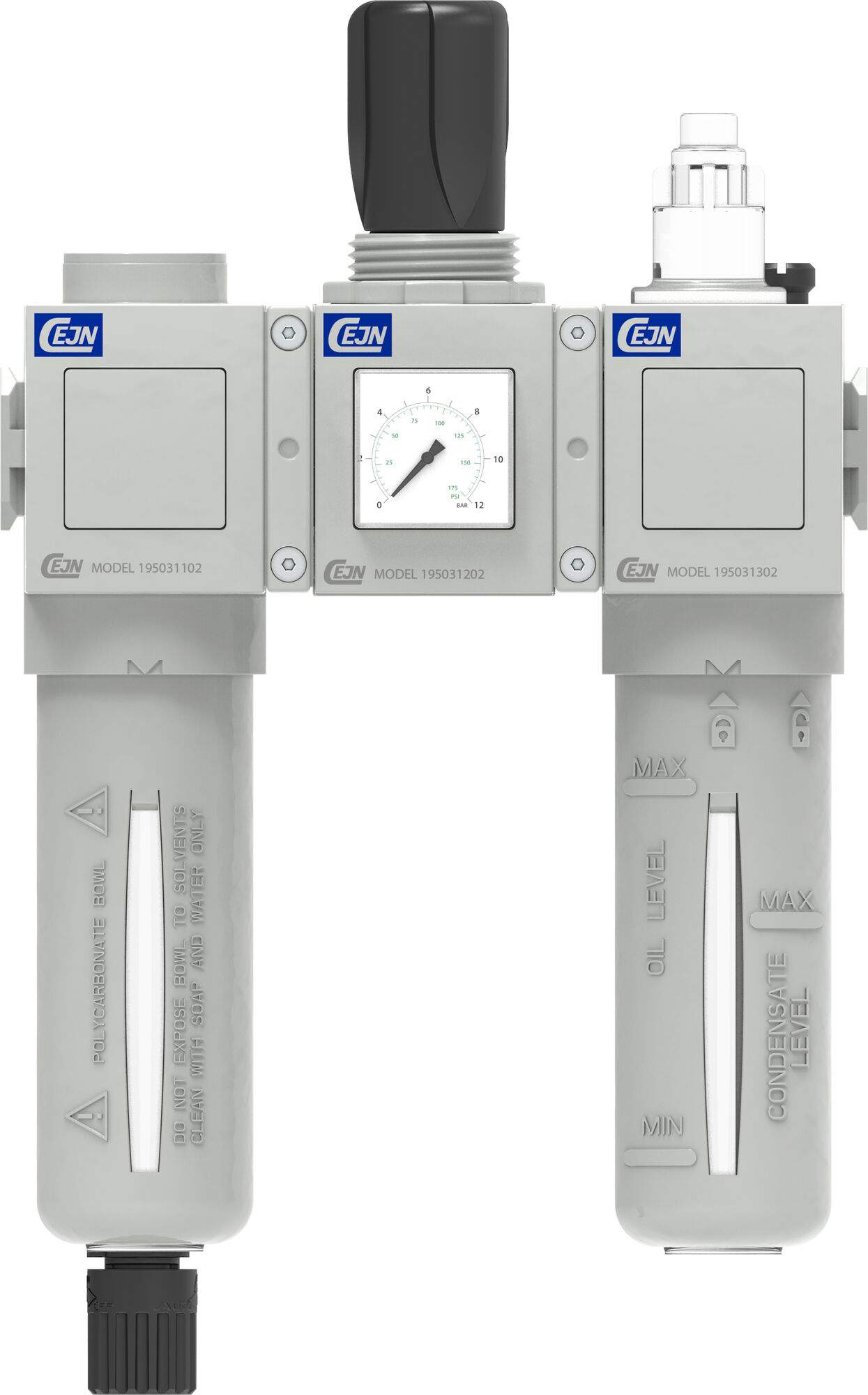 FRL unit, filter, regulator and lubricator Model 651, G 1/4", 25 µm, polycarbonate bowl - Cejn 195031622