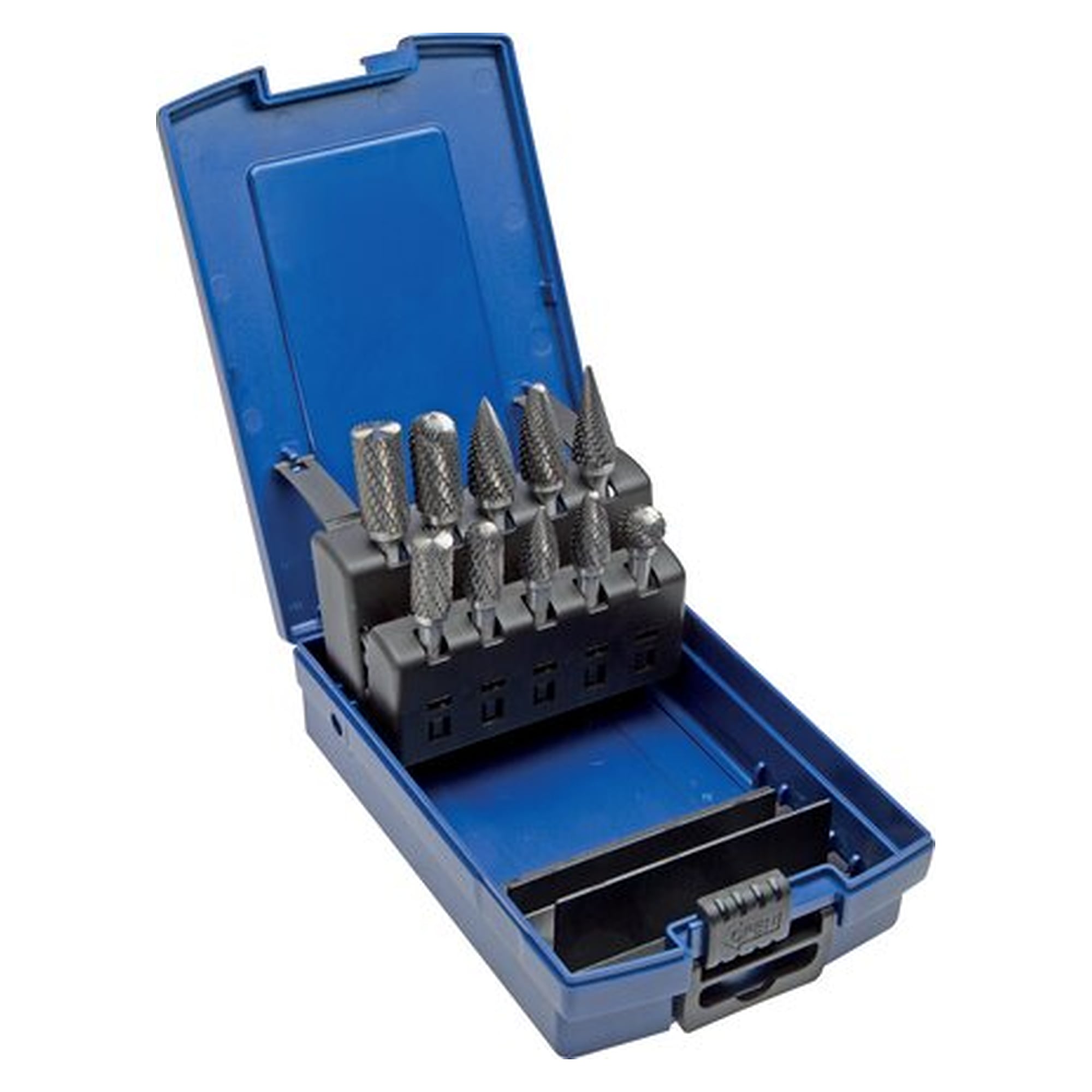 10 carbide burrs in sturdy industrial case, 6 mm shank:each 1 pieces diameter 10 and 12 mm