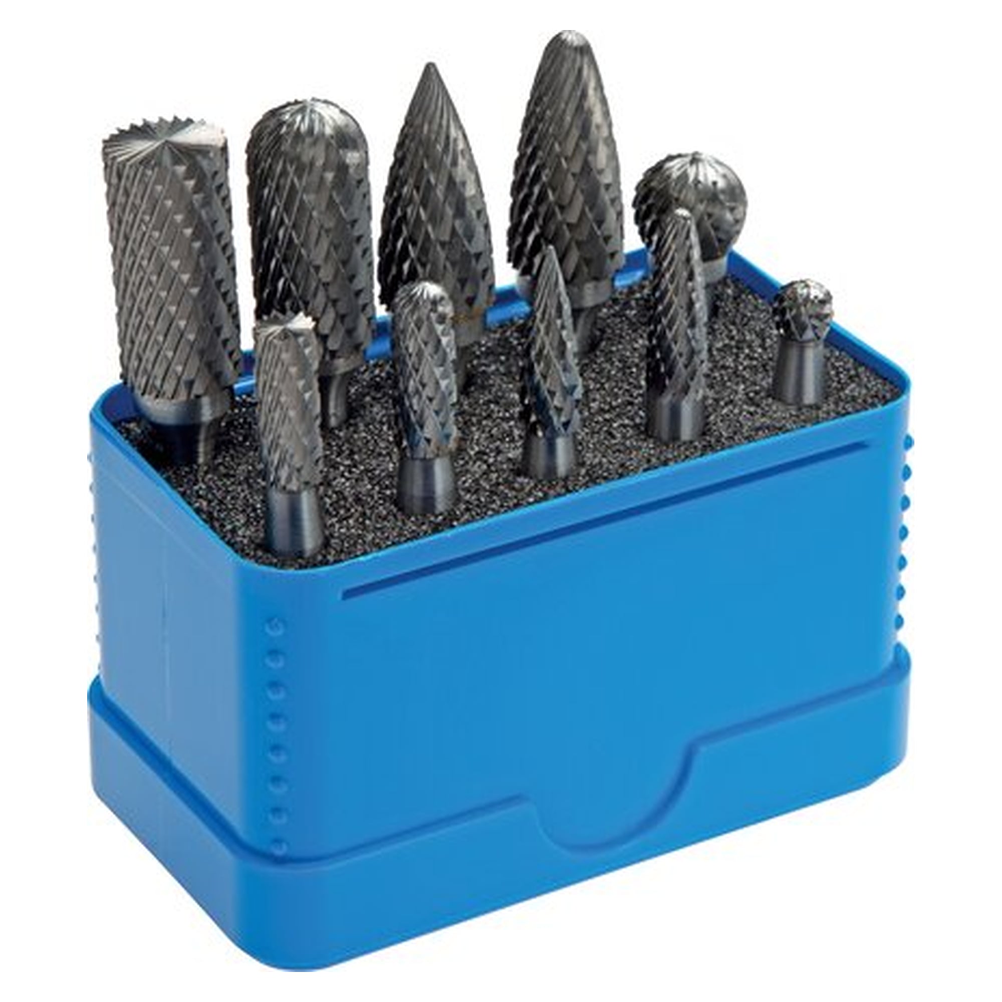 10 carbide burrs in mini box, 6 mm shank: each 1 pieces diameter 6 and 12 mm