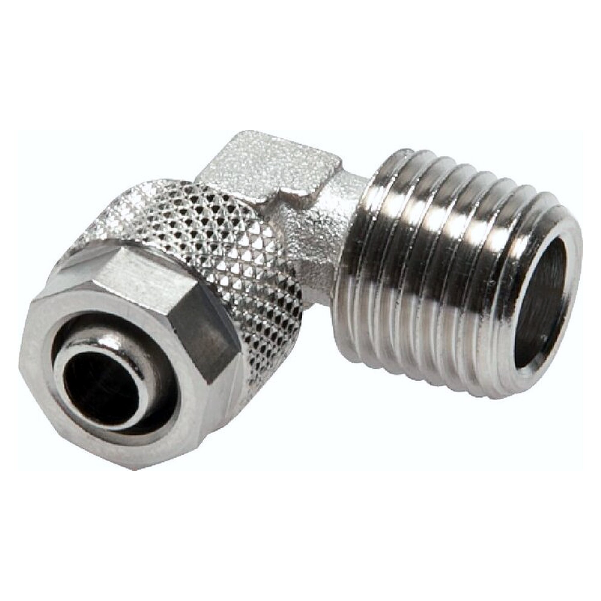 Tube fitting, elbow design, male thread R 1/8", tube 8x6 mm, nickel plated brass, -10 to +60 °C