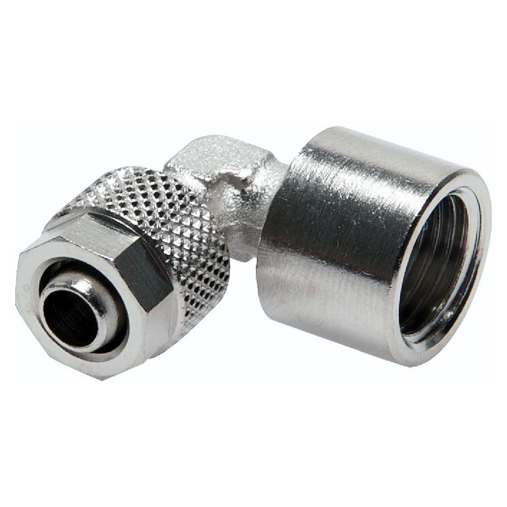 Screw-on tube fitting, elbow design, female thread G 3/8", tube 10x8 mm, nickel plated brass