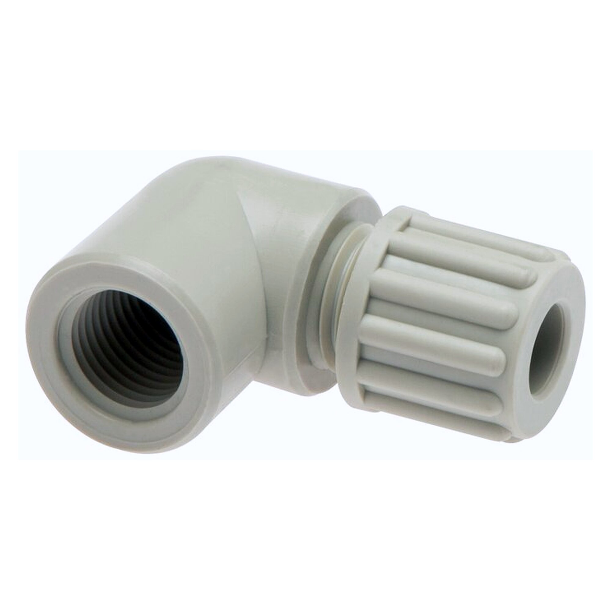 Screw-on tube fitting, elbow design, female thread G 3/8", tube 8x6 mm, PVDF
