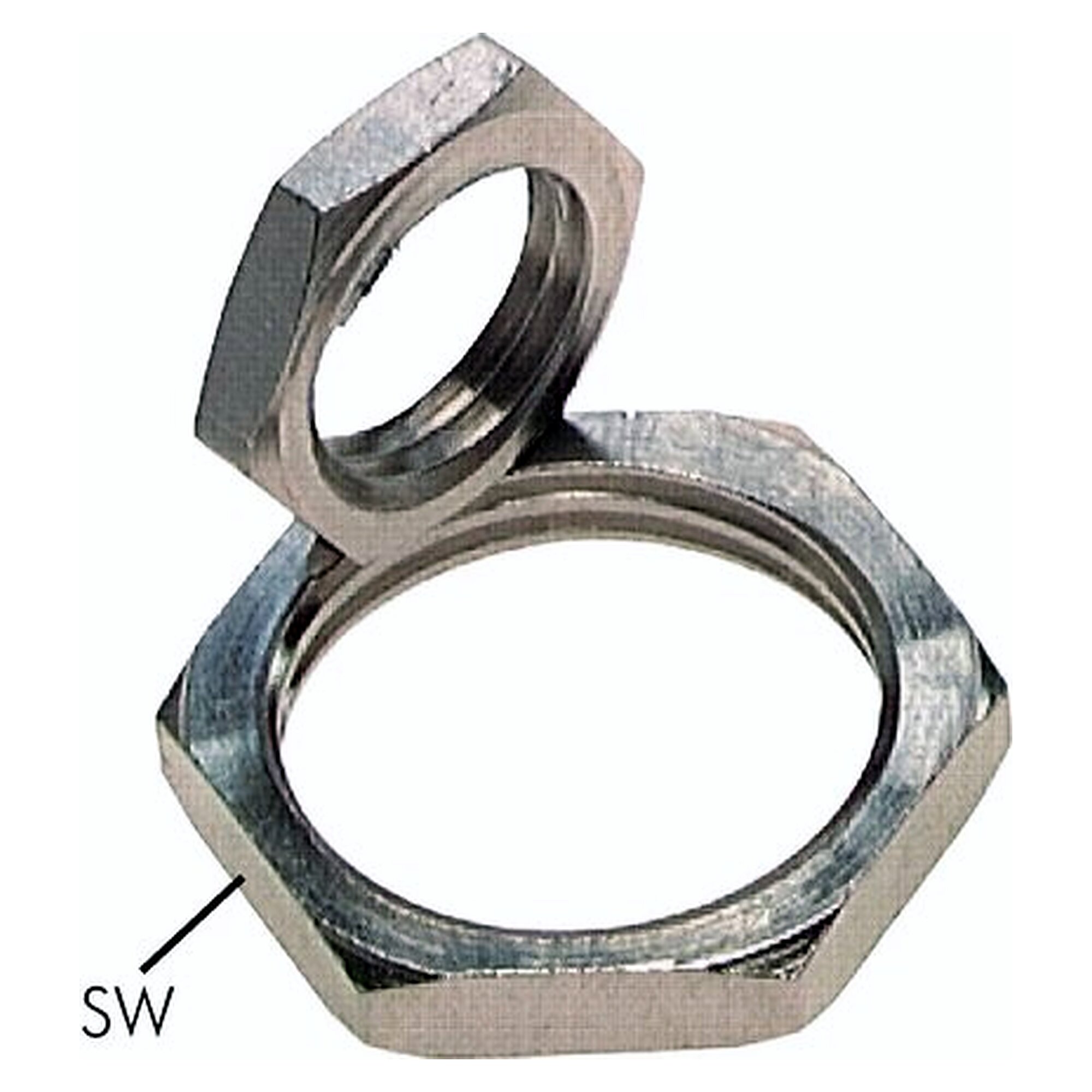 Hexagon lock nut, thread M 10x1, nickel plated brass, width across flats 13 mm