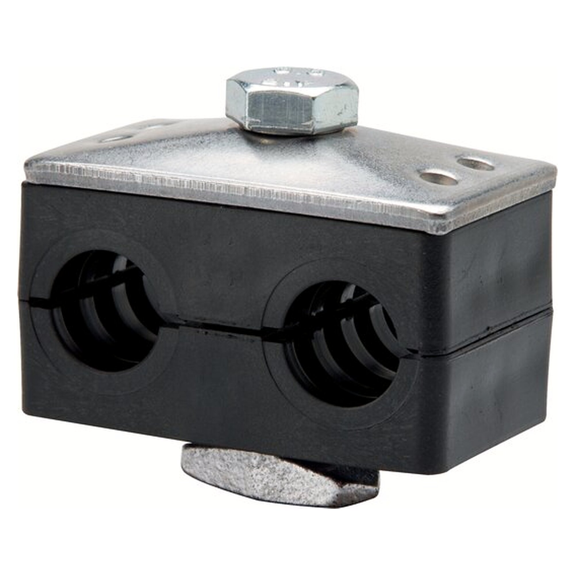 28mm twin pipe clamp with cover plate and rail nut for mounting on a C rail size 4