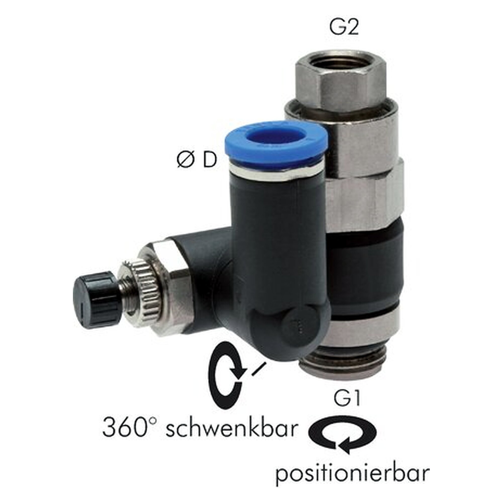 Flow control valve with check function, exhaust air control, G 1/4", tube 6 mm, 0 to 10 bar