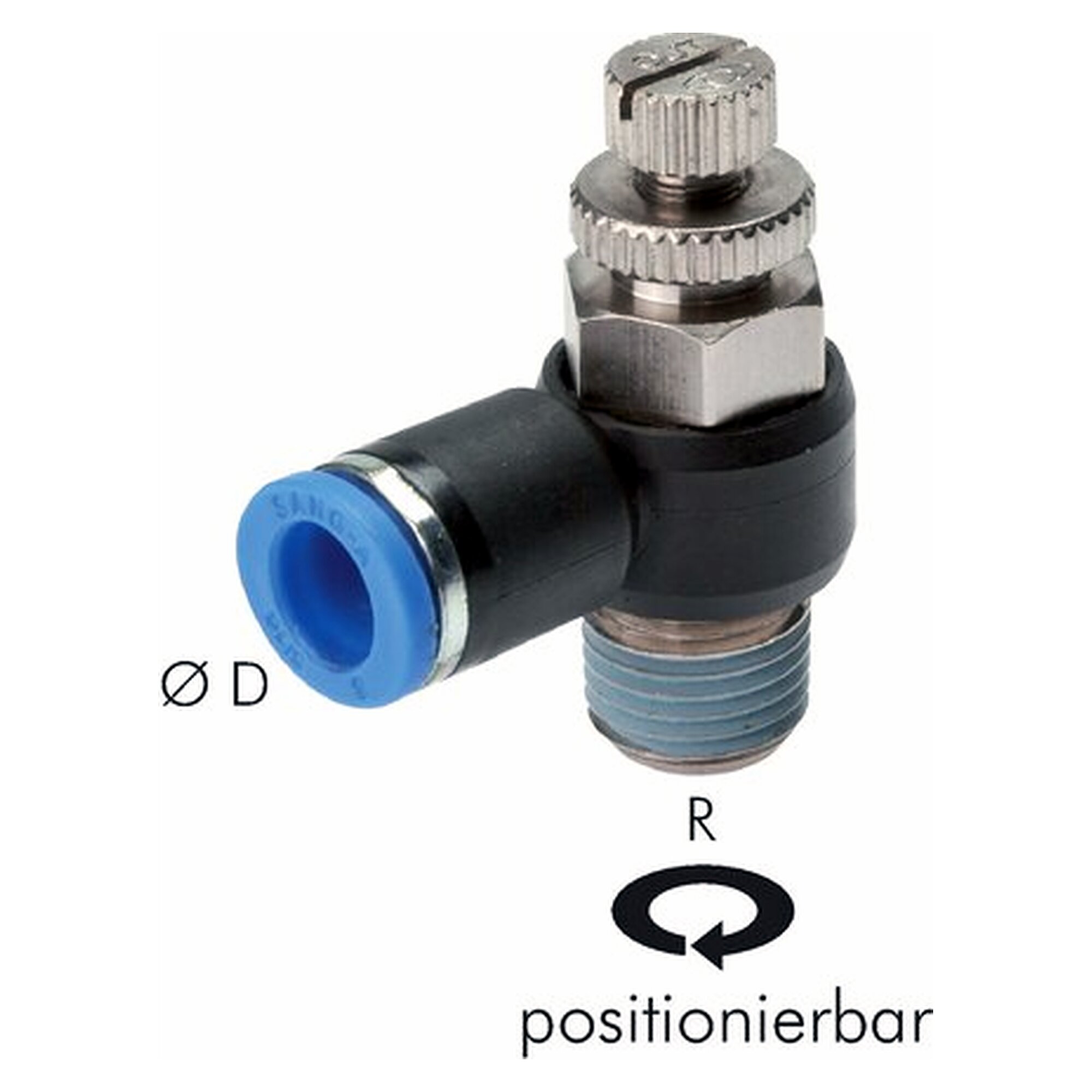 Elbow flow control valve with check function, exhaust air control (standard), R 1/2", tube 8 mm