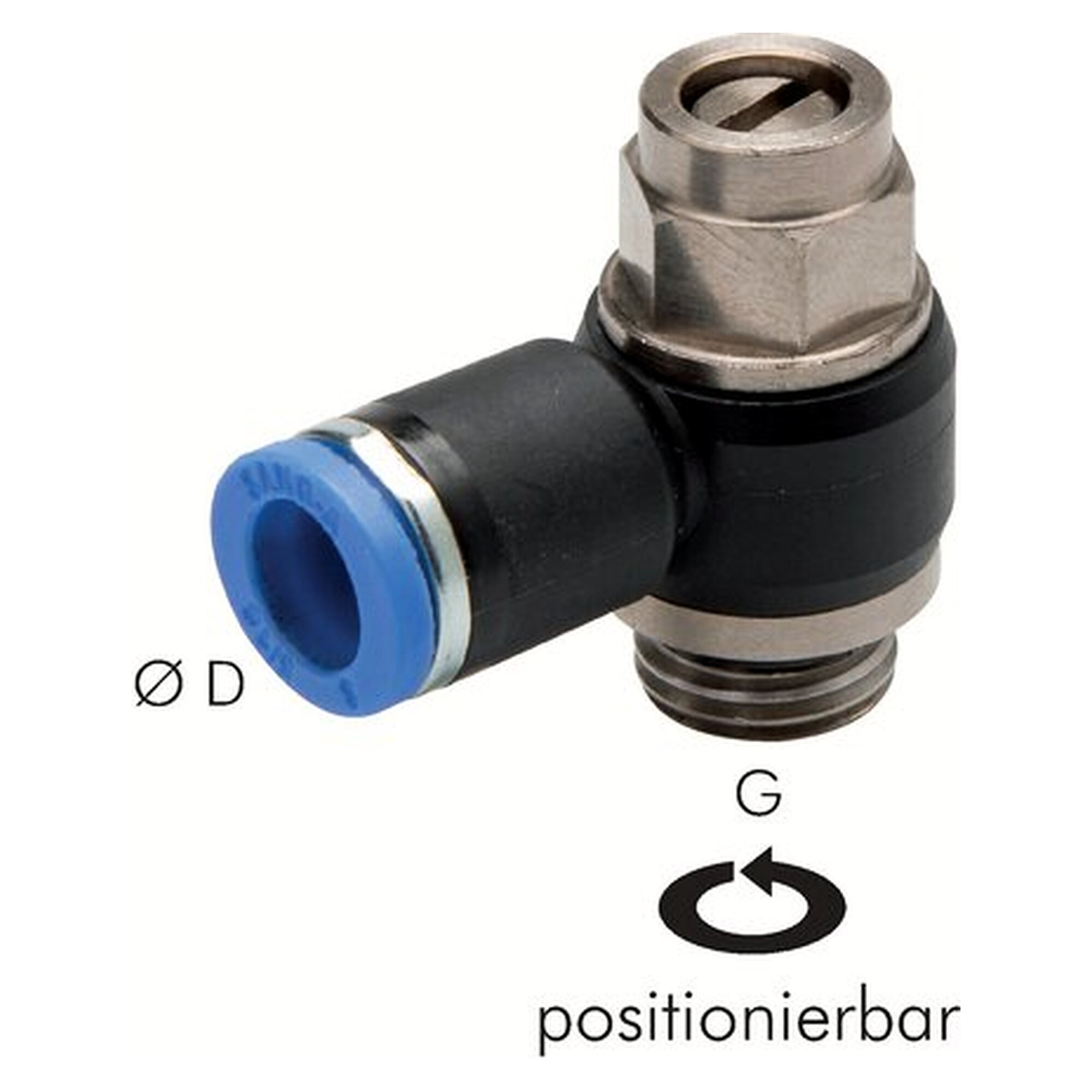 Elbow flow control valve with check function, exhaust air control, G 3/8", tube 6 mm, -0.95 bar